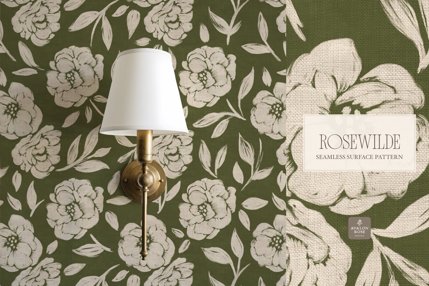 Cottage style beige and olive green seamless surface pattern featuring roughly painted tossed roses and leaves with a linen texture on wallpaper
