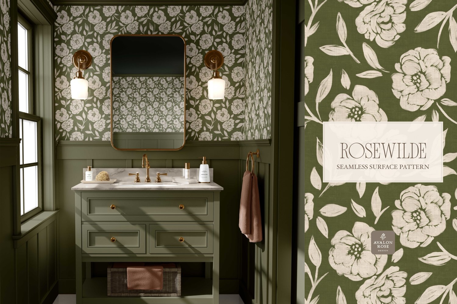 Cottage style beige and olive green seamless surface pattern featuring roughly painted tossed roses and leaves with a linen texture on bathroom wallpaper