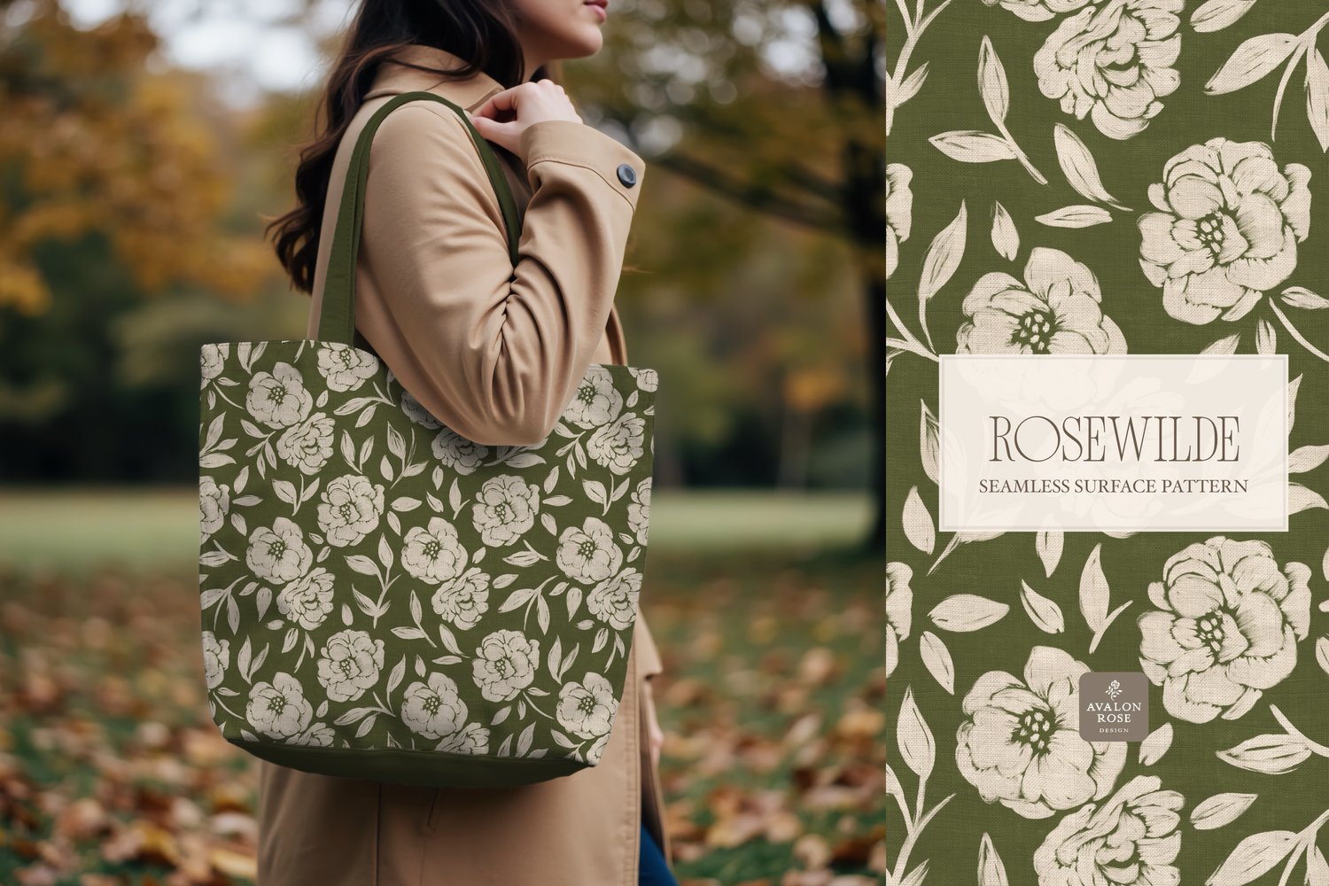Cottage style beige and olive green seamless surface pattern featuring roughly painted tossed roses and leaves with a linen texture on a tote bag held by a woman