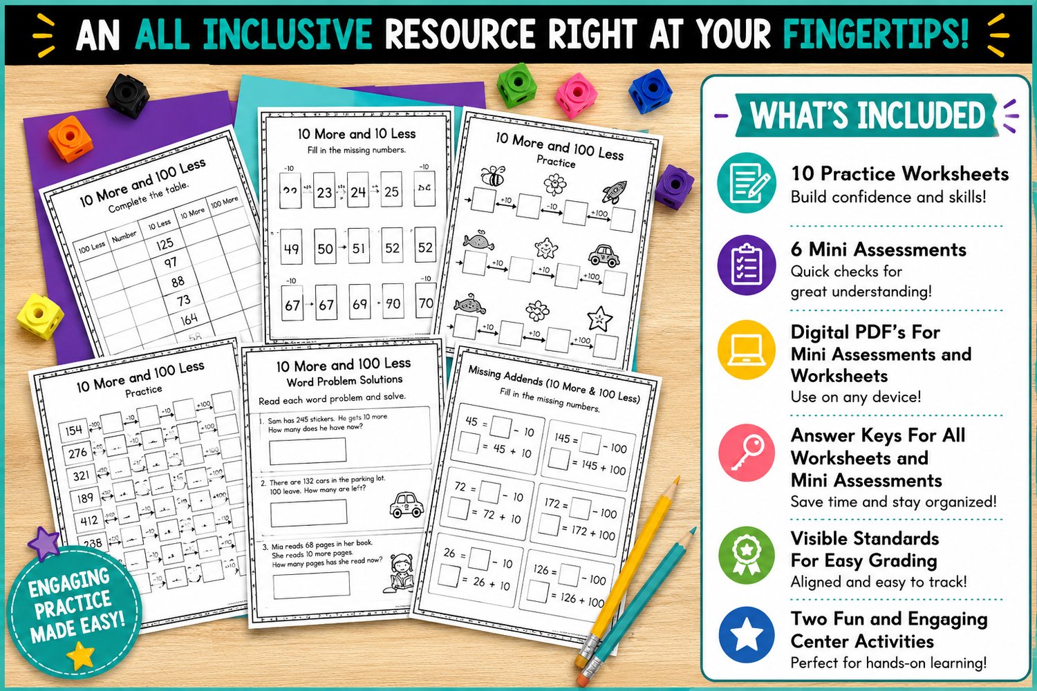 10 More, 10 Less & 100 More, 100 Less | Activities, Centers & Math Practice