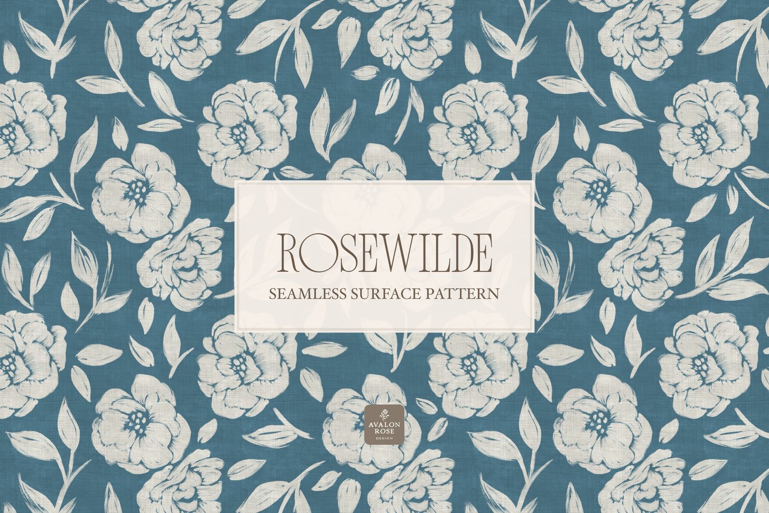 Cottage style teal blue seamless surface pattern featuring roughly painted tossed roses and leaves with a linen texture