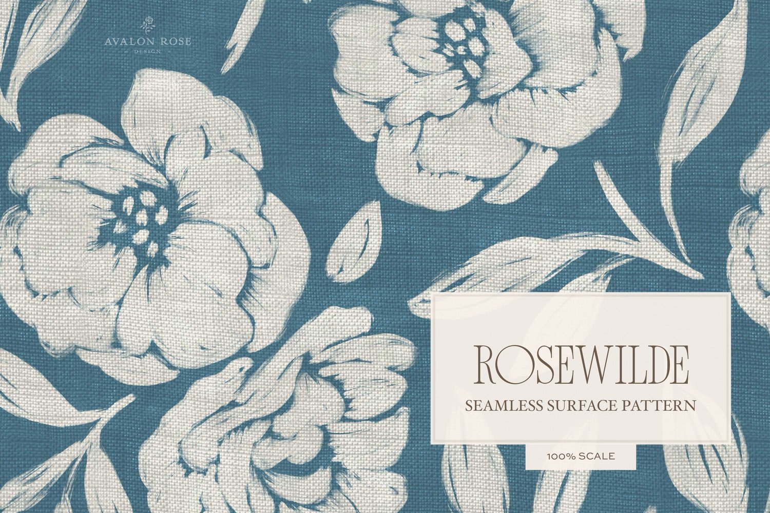 Cottage style teal blue seamless surface pattern featuring roughly painted tossed roses and leaves with a linen texture