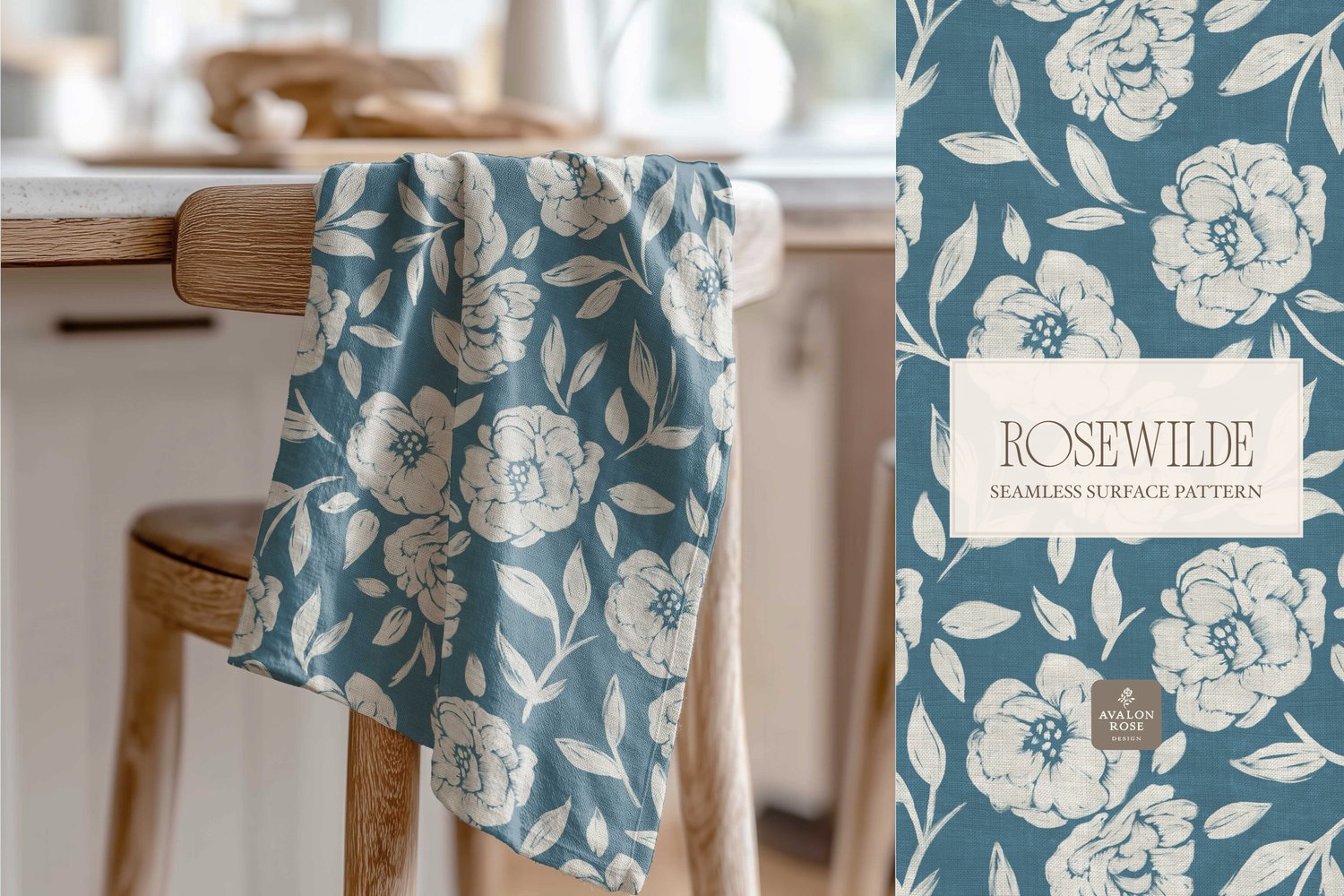 Cottage style teal blue seamless surface pattern featuring roughly painted tossed roses and leaves with a linen texture tea towel