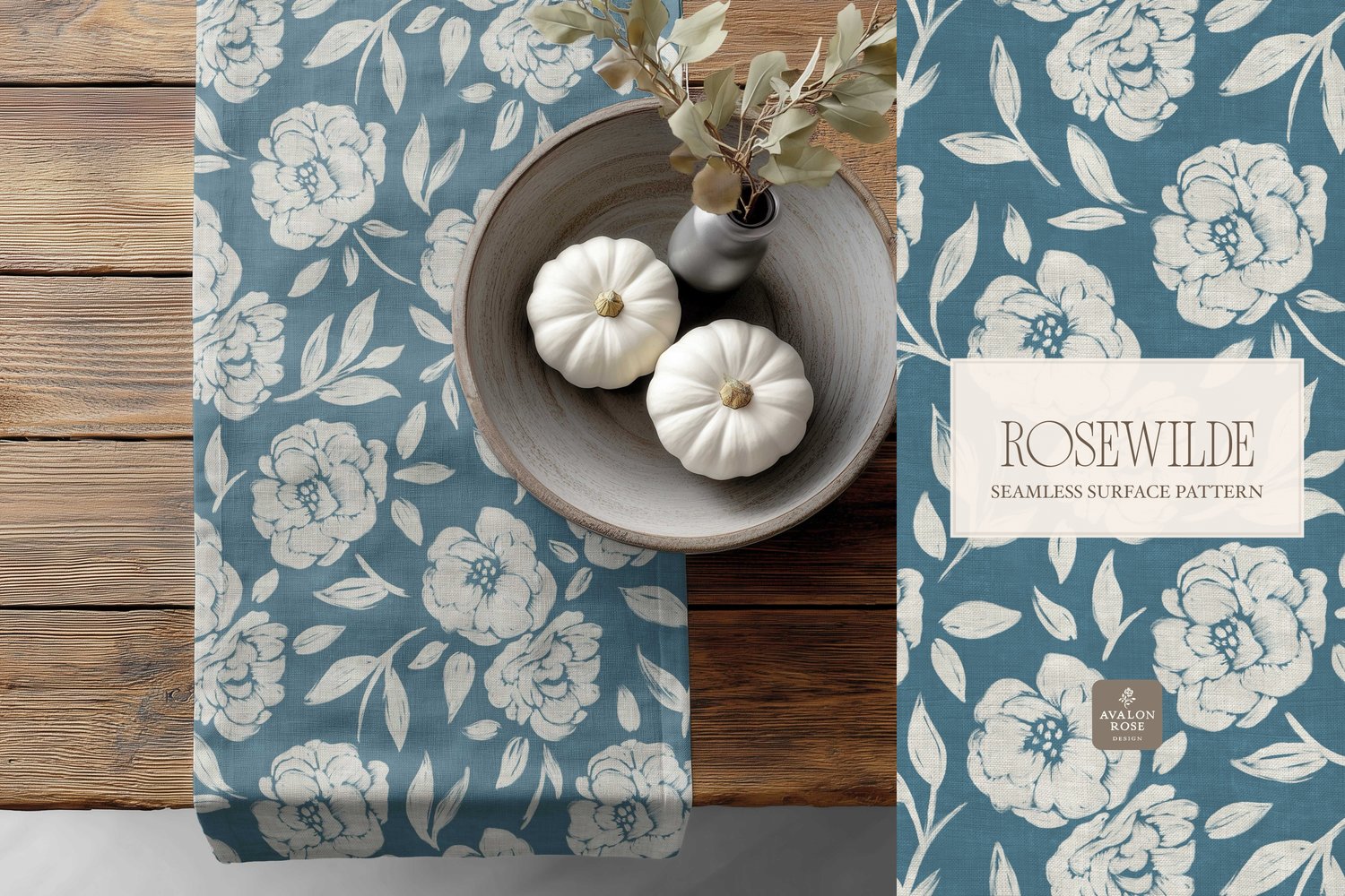Cottage style teal blue seamless surface pattern featuring roughly painted tossed roses and leaves with a linen texture on a table runner