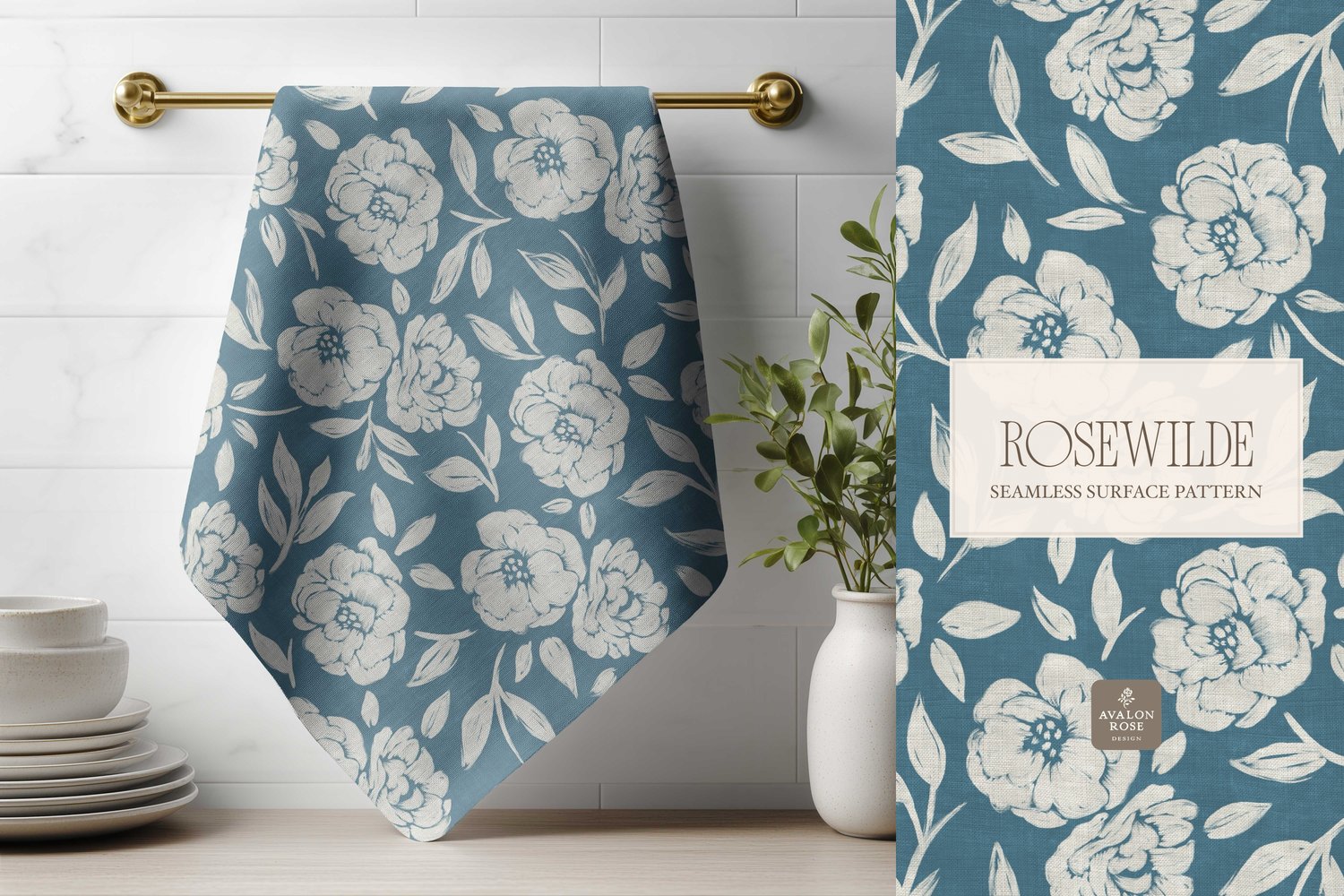 Cottage style teal blue seamless surface pattern featuring roughly painted tossed roses and leaves with a linen texture on a tea towel