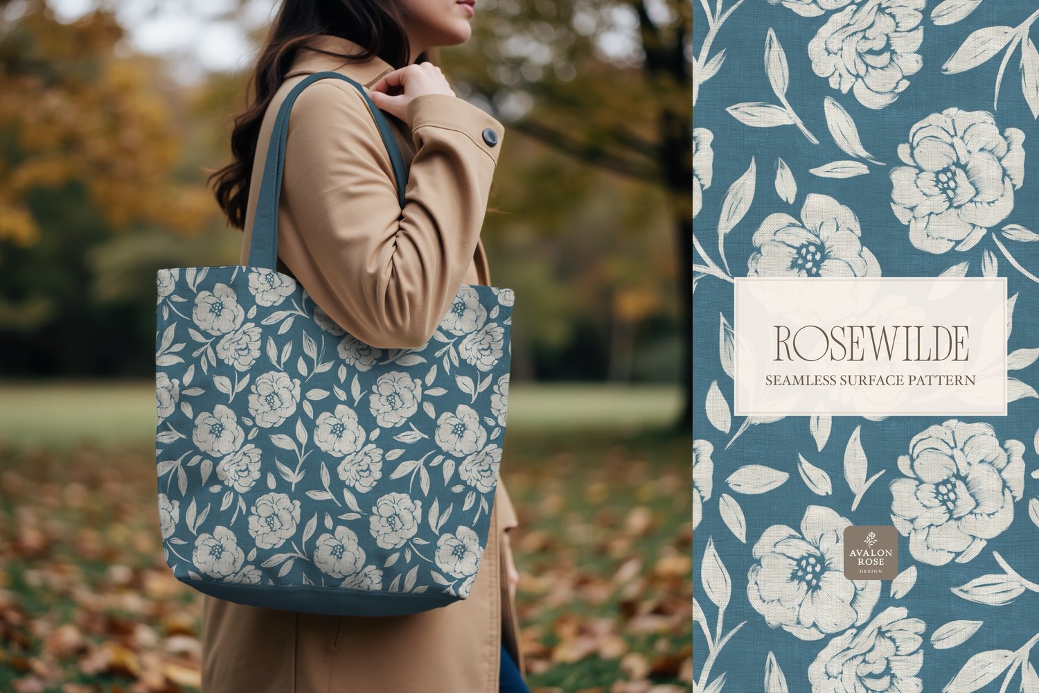 Cottage style teal blue seamless surface pattern featuring roughly painted tossed roses and leaves with a linen texture on a tote bag held by a young woman