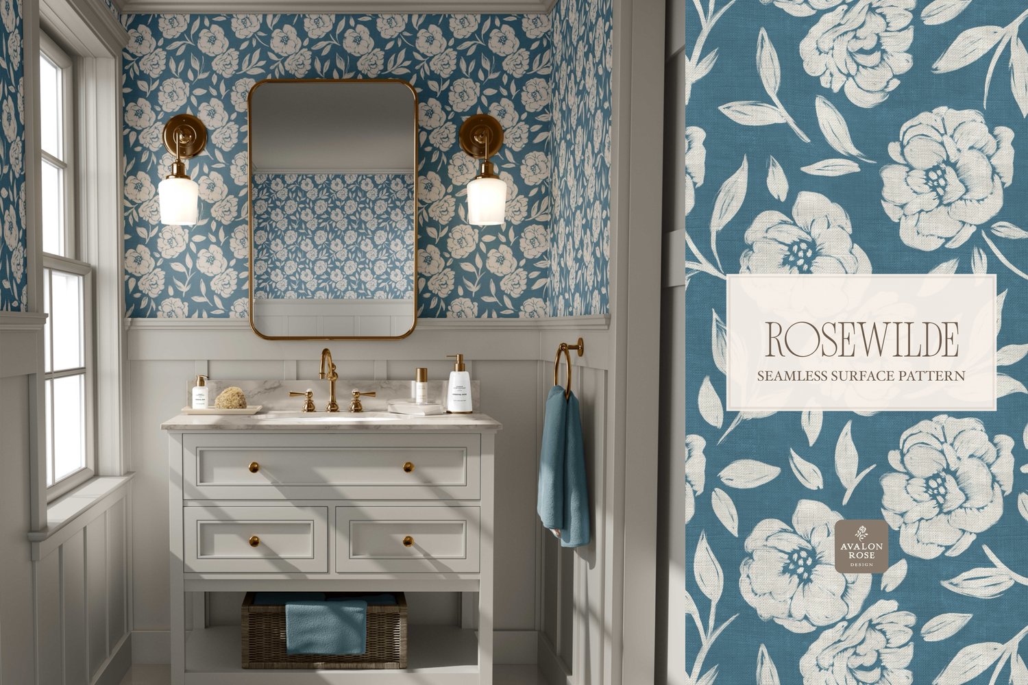 Cottage style teal blue seamless surface pattern featuring roughly painted tossed roses and leaves with a linen texture on bathroom wallpaper