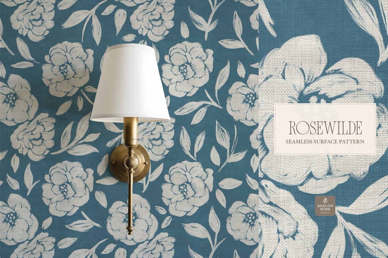 Cottage style teal blue seamless surface pattern featuring roughly painted tossed roses and leaves with a linen texture on wallpaper