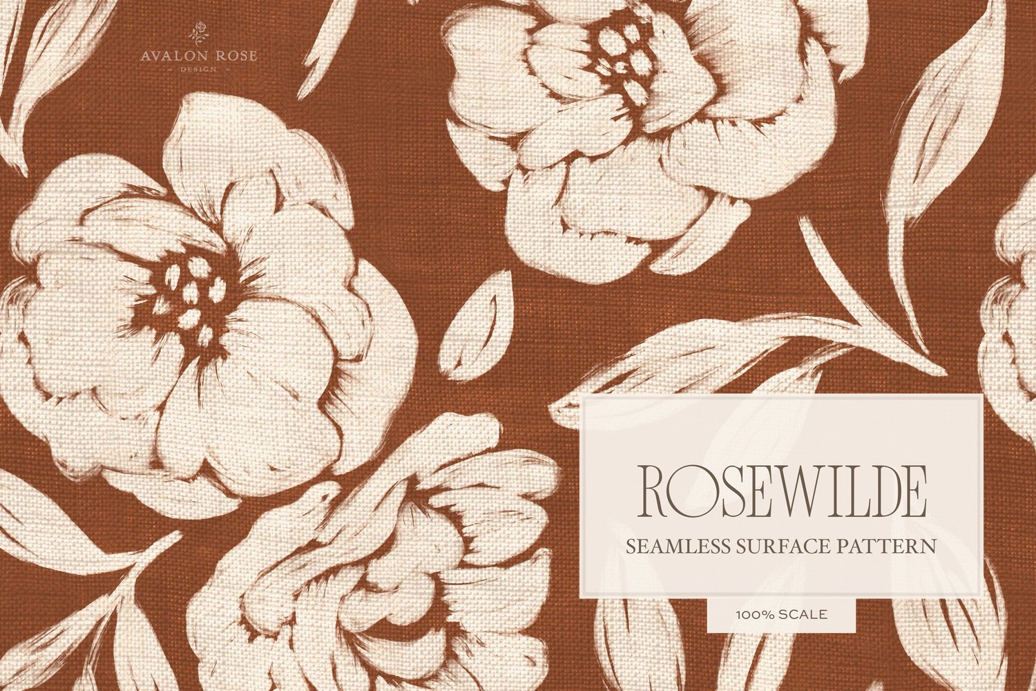 Cottage style rust red orange seamless surface pattern featuring roughly painted tossed roses and leaves with a linen texture