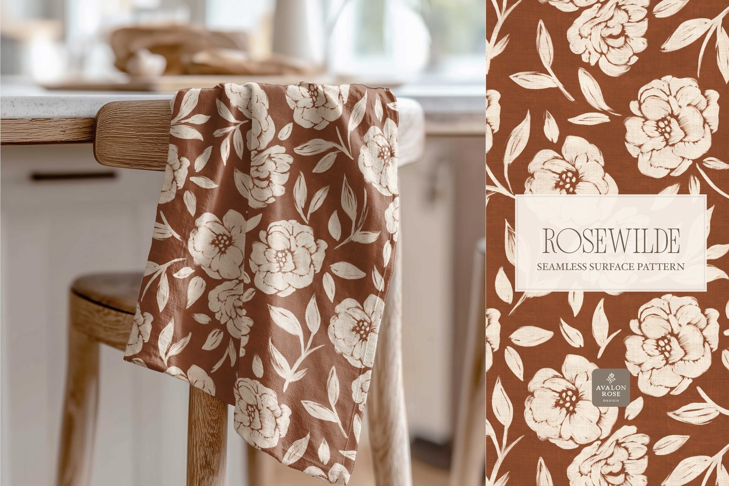 Cottage style rust red orange seamless surface pattern featuring roughly painted tossed roses and leaves with a linen texture on a tea towel