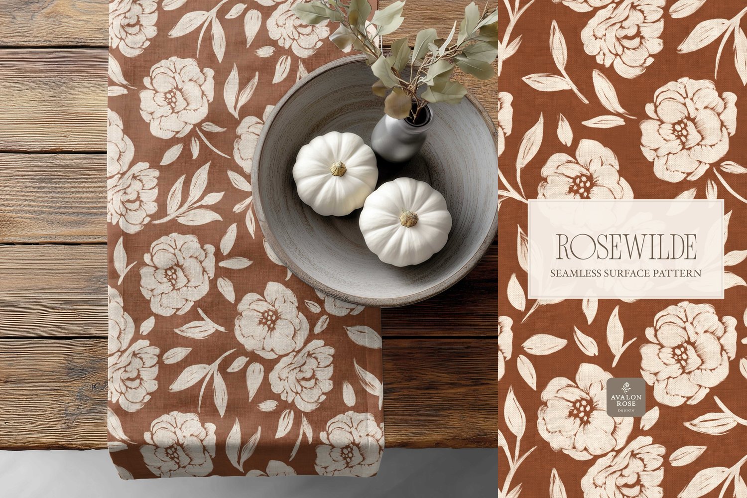 Cottage style rust red orange seamless surface pattern featuring roughly painted tossed roses and leaves with a linen texture on a table runner