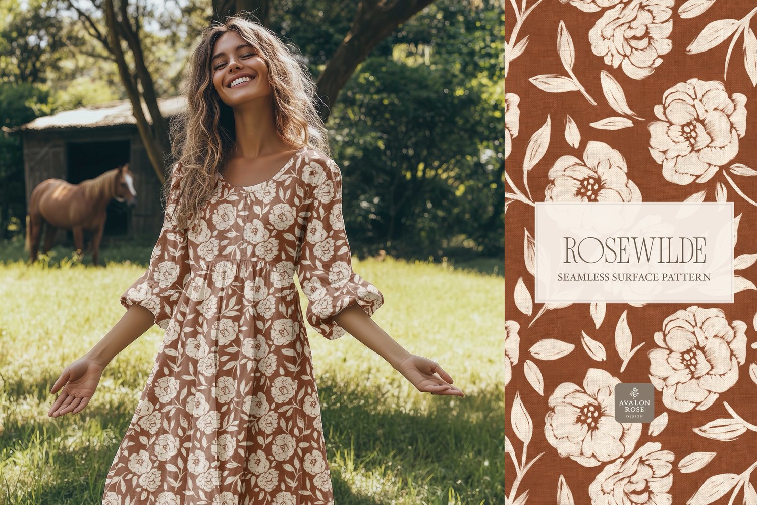 Cottage style rust red orange seamless surface pattern featuring roughly painted tossed roses and leaves with a linen texture on a dress worn by a young woman