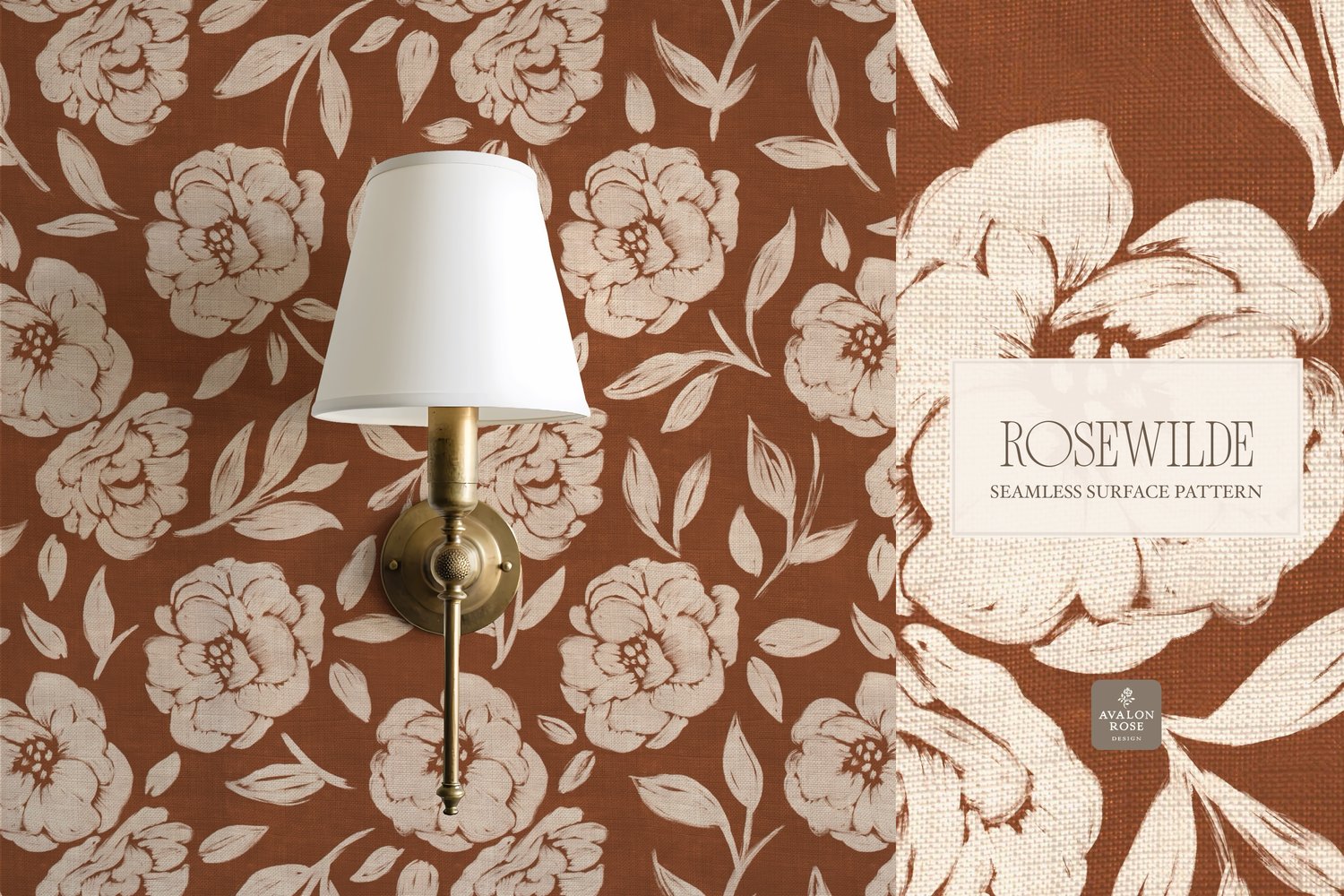 Cottage style rust red orange seamless surface pattern featuring roughly painted tossed roses and leaves with a linen texture on wallpaper