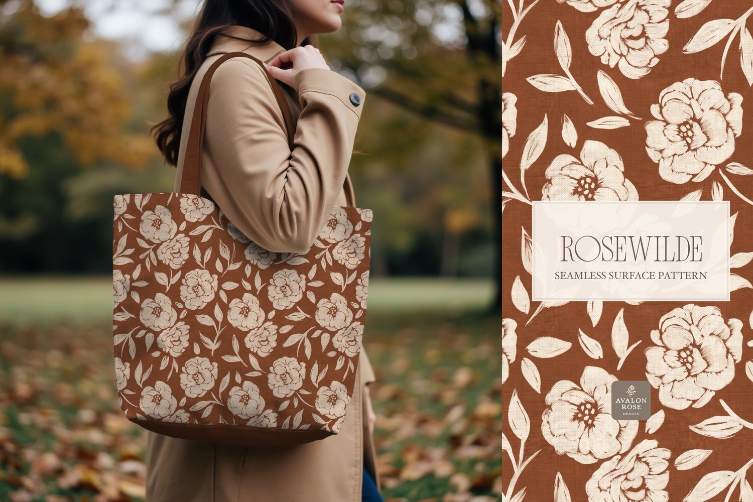 Cottage style rust red orange seamless surface pattern featuring roughly painted tossed roses and leaves with a linen texture on a tote bag held by a woman