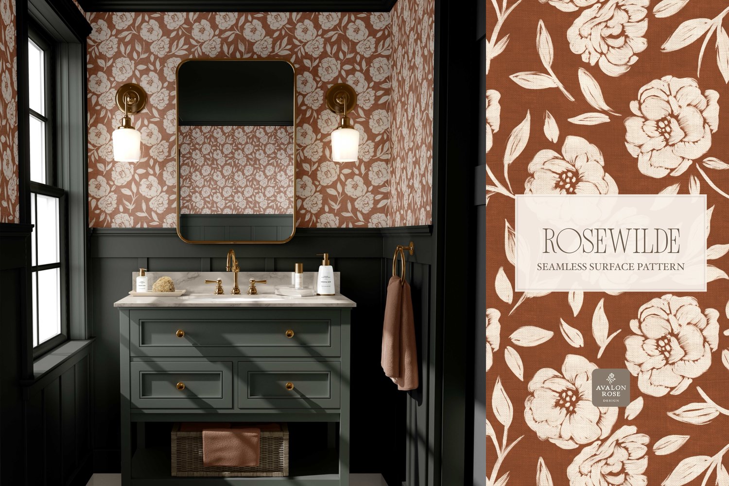 Cottage style rust red orange seamless surface pattern featuring roughly painted tossed roses and leaves with a linen texture on bathroom wallpaper