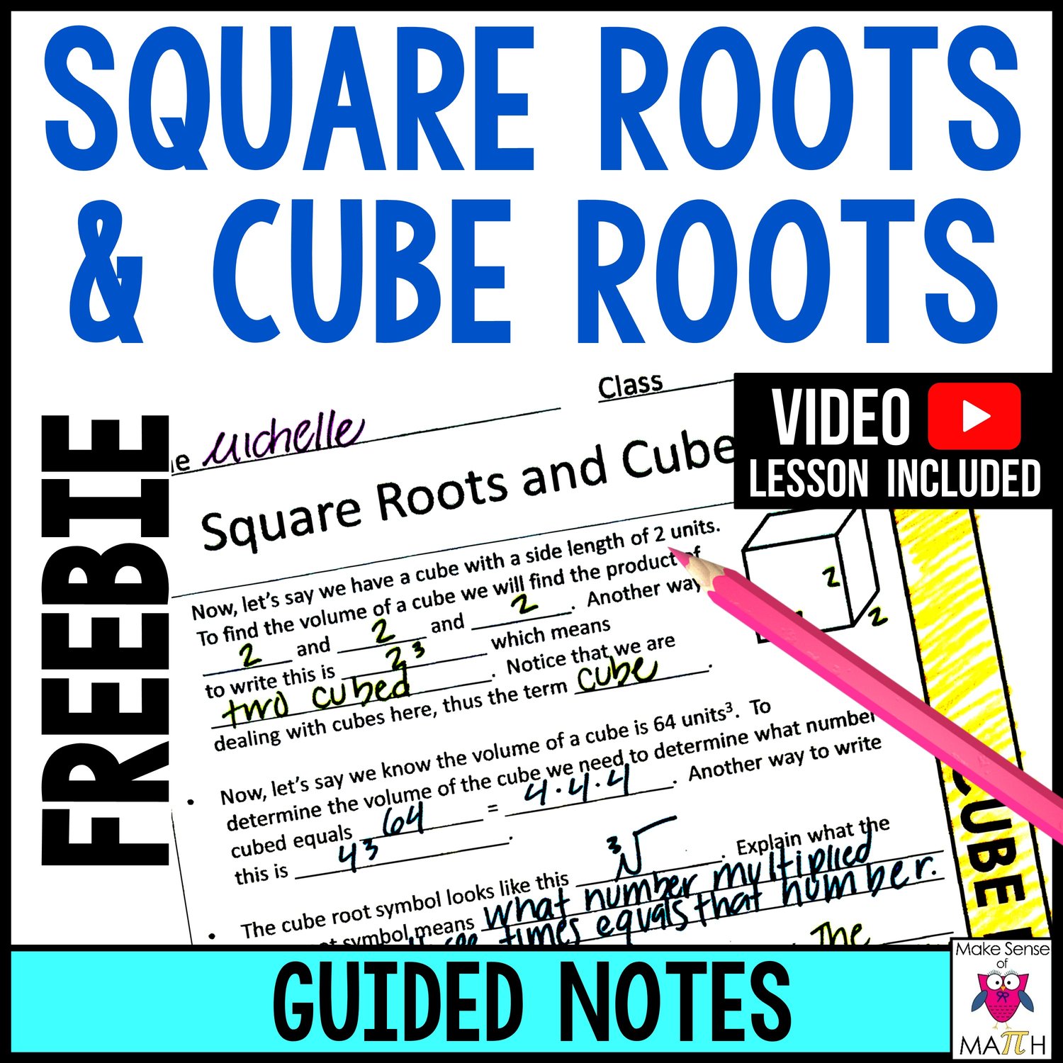 Square Roots and Cube Roots Guided Notes 8th Grade Math Notes