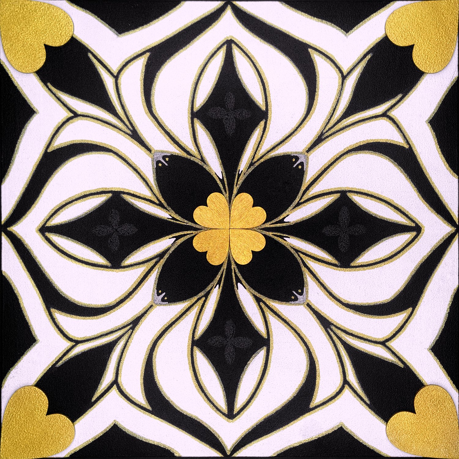 Rooted Connections I, original black, white, and gold acrylic mixed-media panel painting by Anna Legaspi.