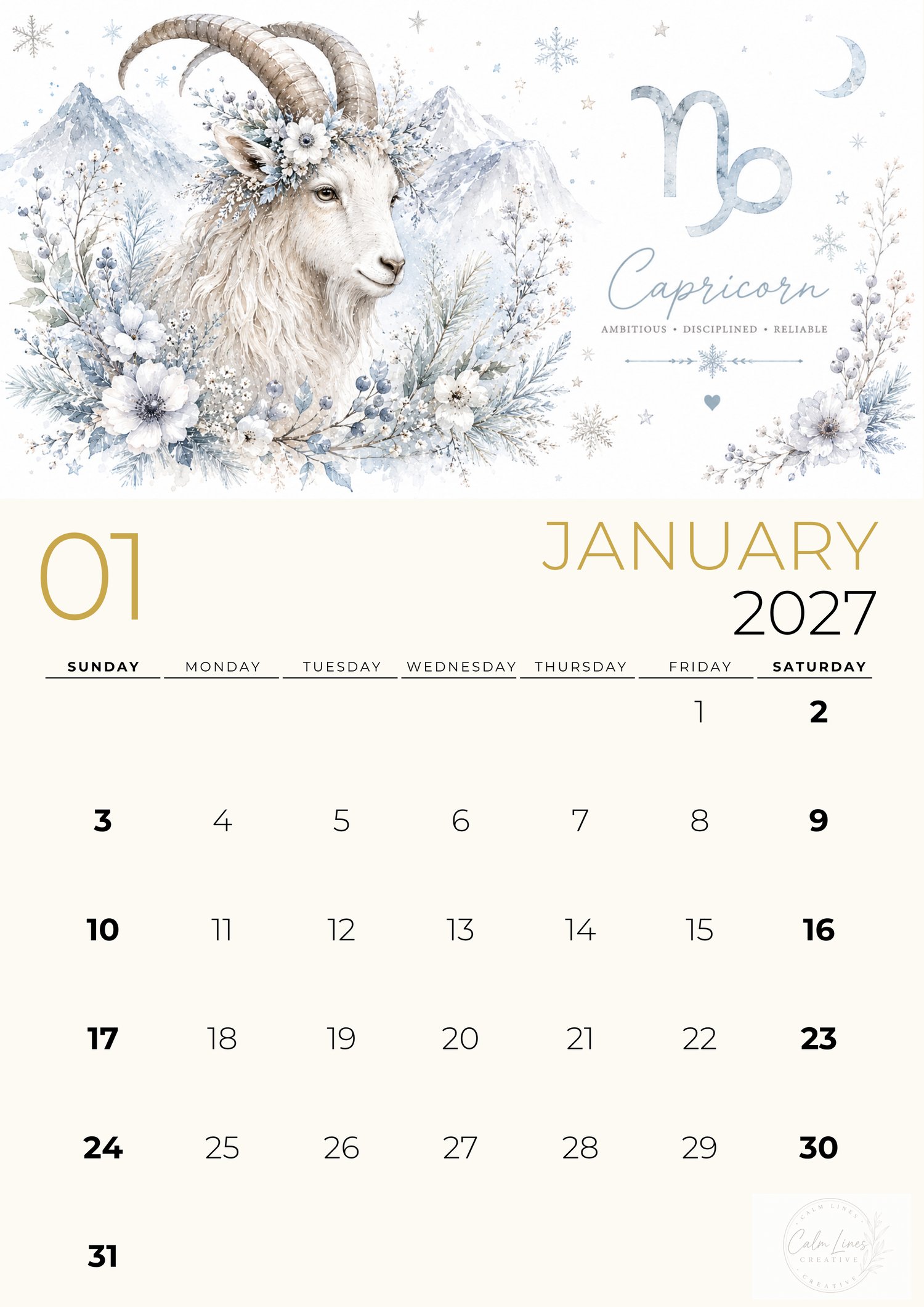 January 2027 Capricorn printable zodiac calendar page in A4 format with elegant watercolor artwork.