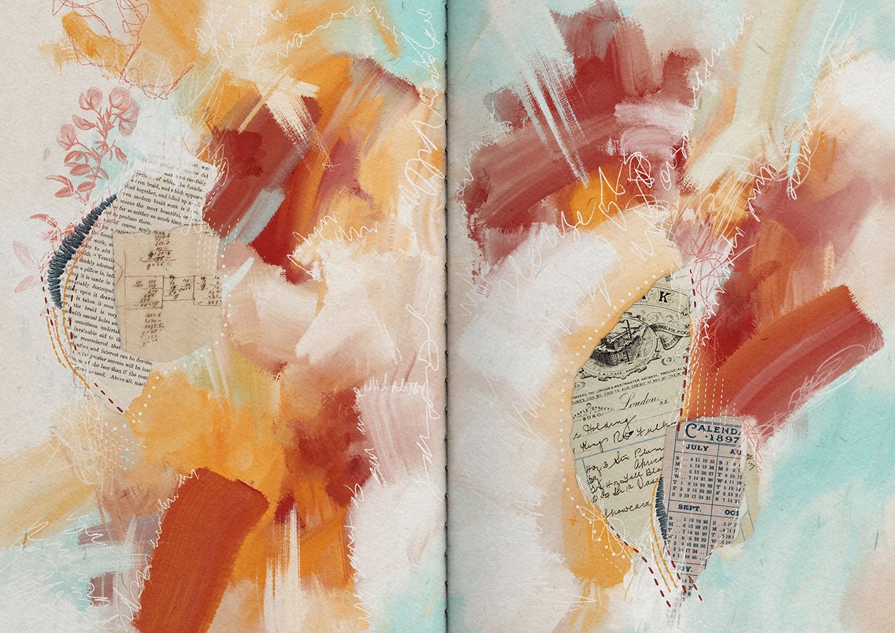 Digital art journal page in Procreate with layered gesso marks, public domain ephemera, ripped paper edges, stitched accents, and hidden asemic writing