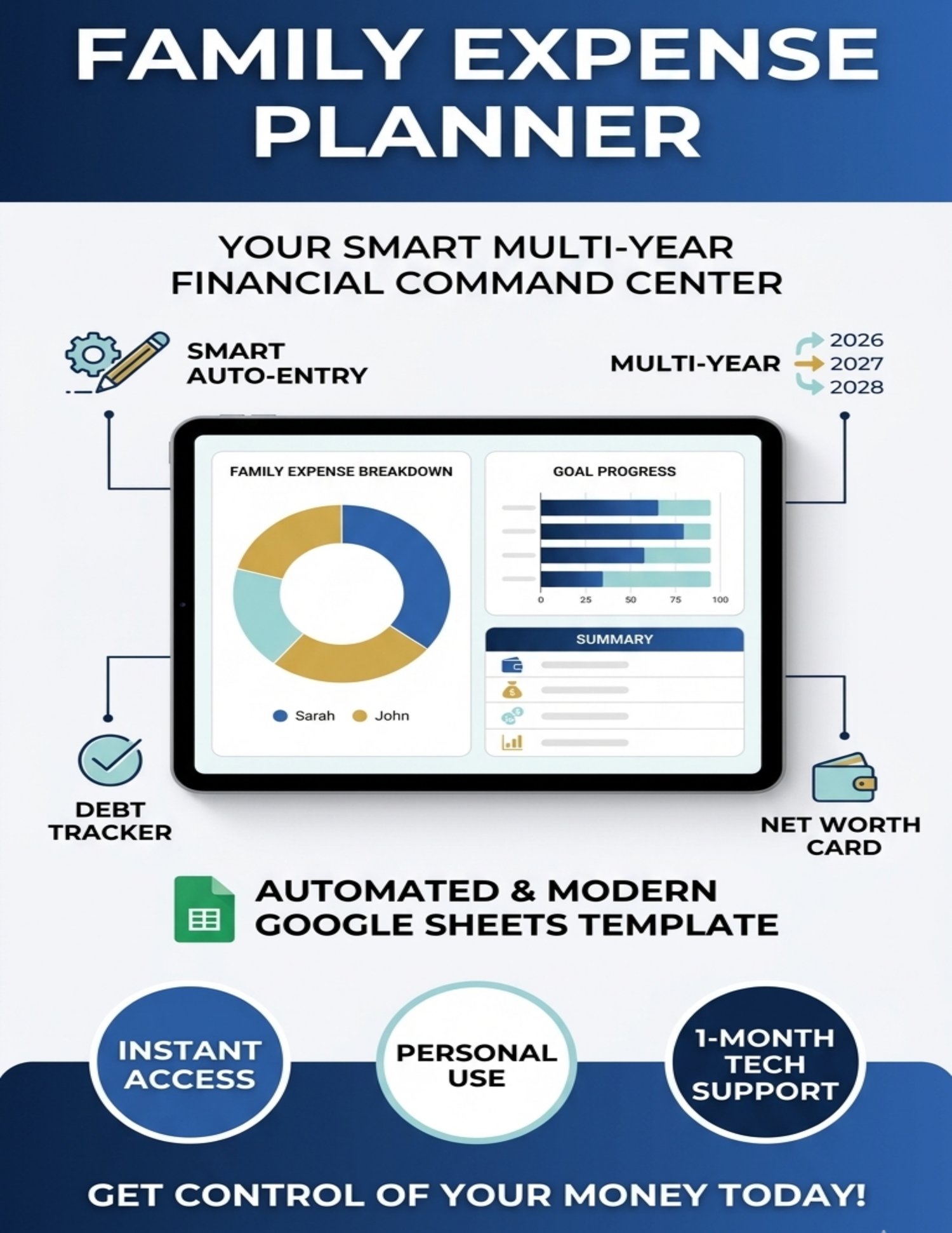 Vertical promo cover image for Family Expense Planner Google Sheets template highlighting smart auto-entry, multi-year tracking, charts, and 1-month tech support.