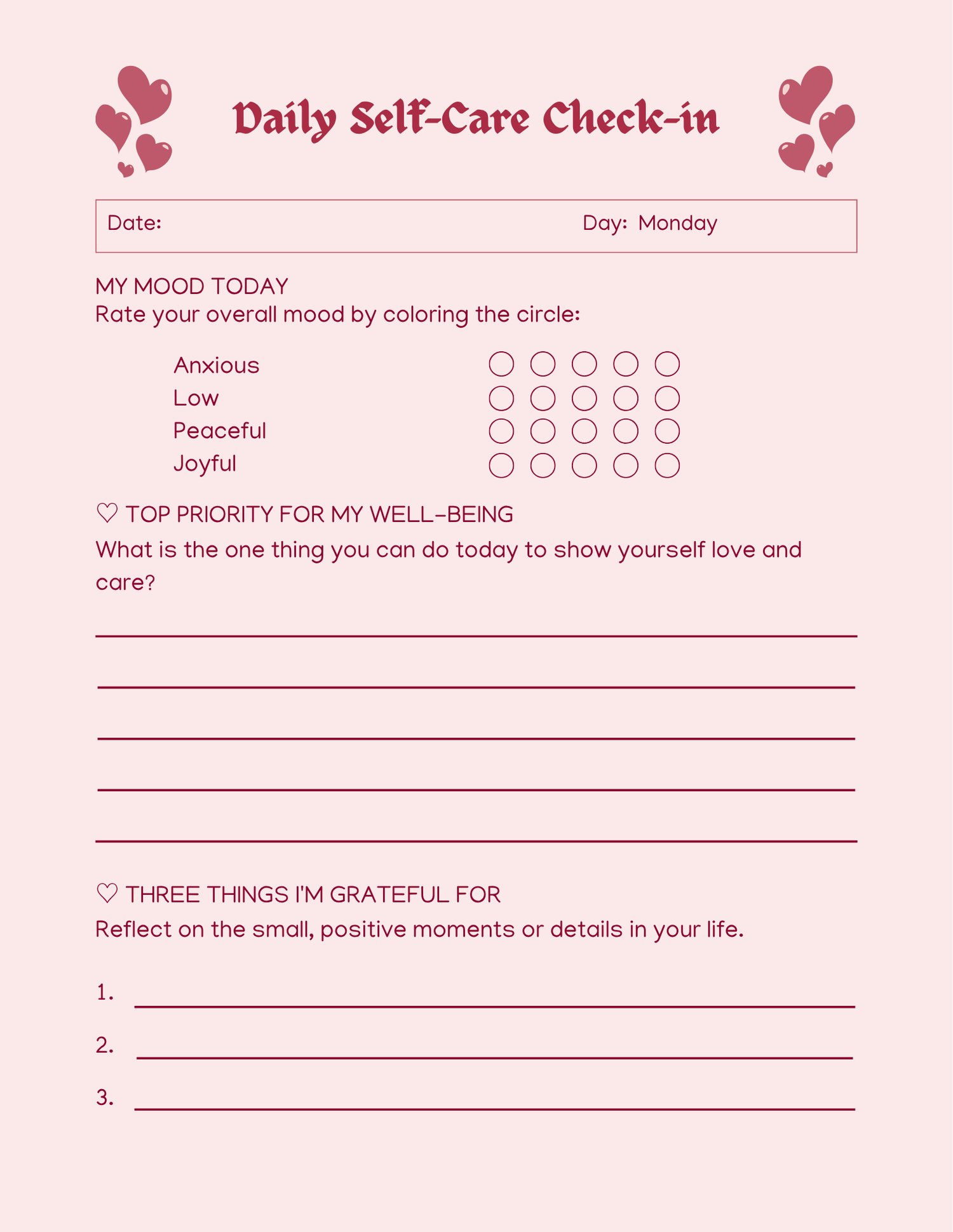 An open, multi-page layout of a self-love workbook template featuring a soft pink aesthetic. Pages include a cover titled "Self-Love Workbook: Guided Exercises to Build Confidence, Set Boundaries & Love Yourself Fully," a self-love quiz, affirmation lists