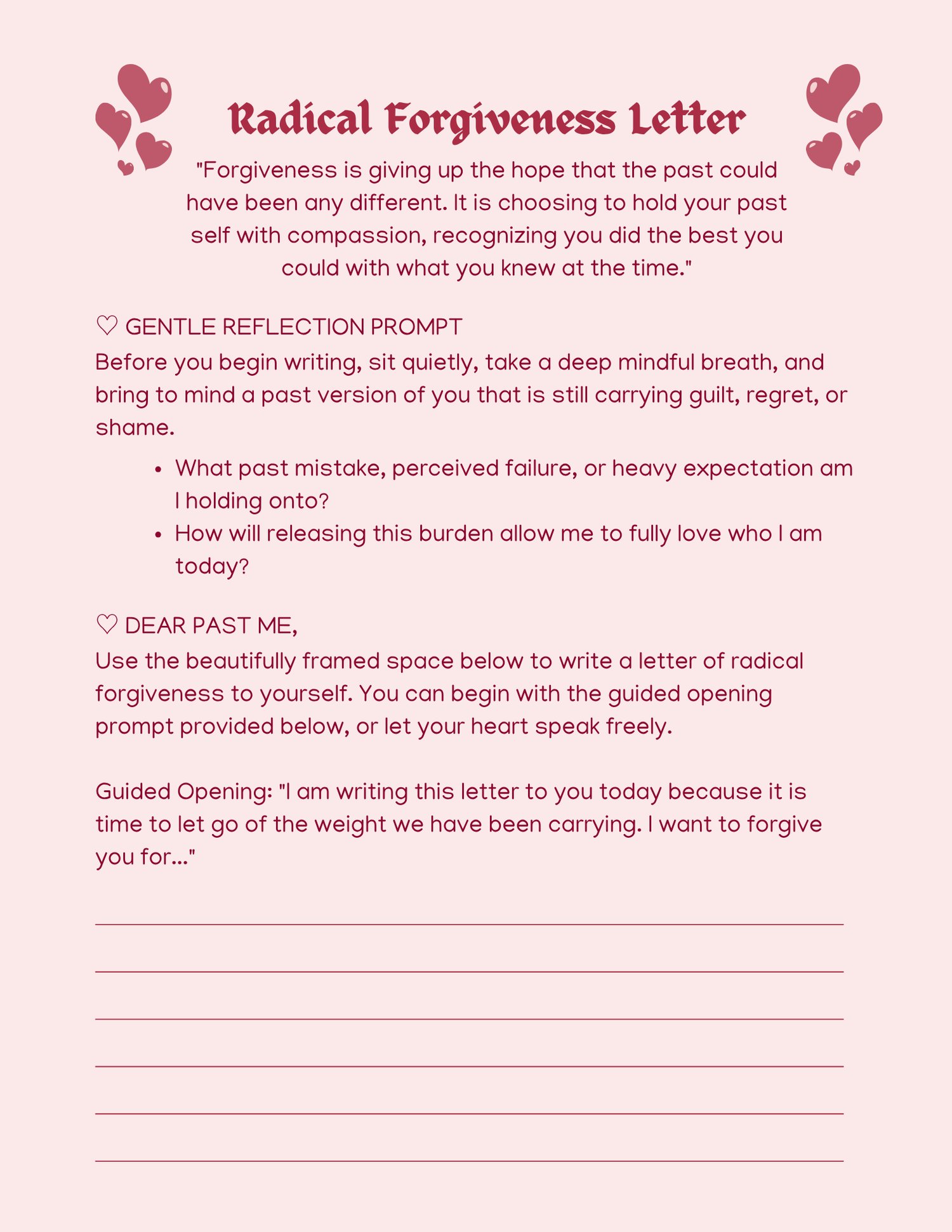 An open, multi-page layout of a self-love workbook template featuring a soft pink aesthetic. Pages include a cover titled "Self-Love Workbook: Guided Exercises to Build Confidence, Set Boundaries & Love Yourself Fully," a self-love quiz, affirmation lists