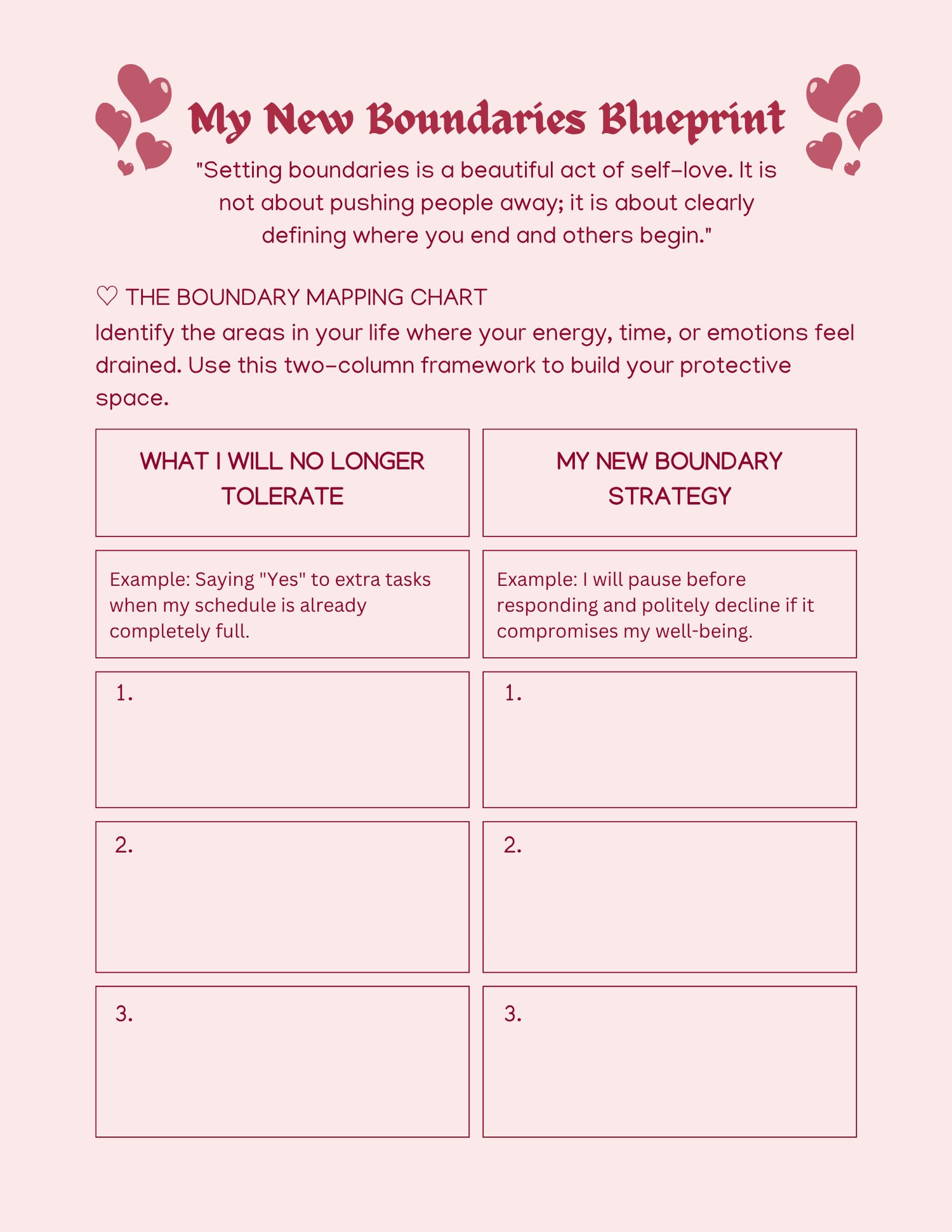 An open, multi-page layout of a self-love workbook template featuring a soft pink aesthetic. Pages include a cover titled "Self-Love Workbook: Guided Exercises to Build Confidence, Set Boundaries & Love Yourself Fully," a self-love quiz, affirmation lists