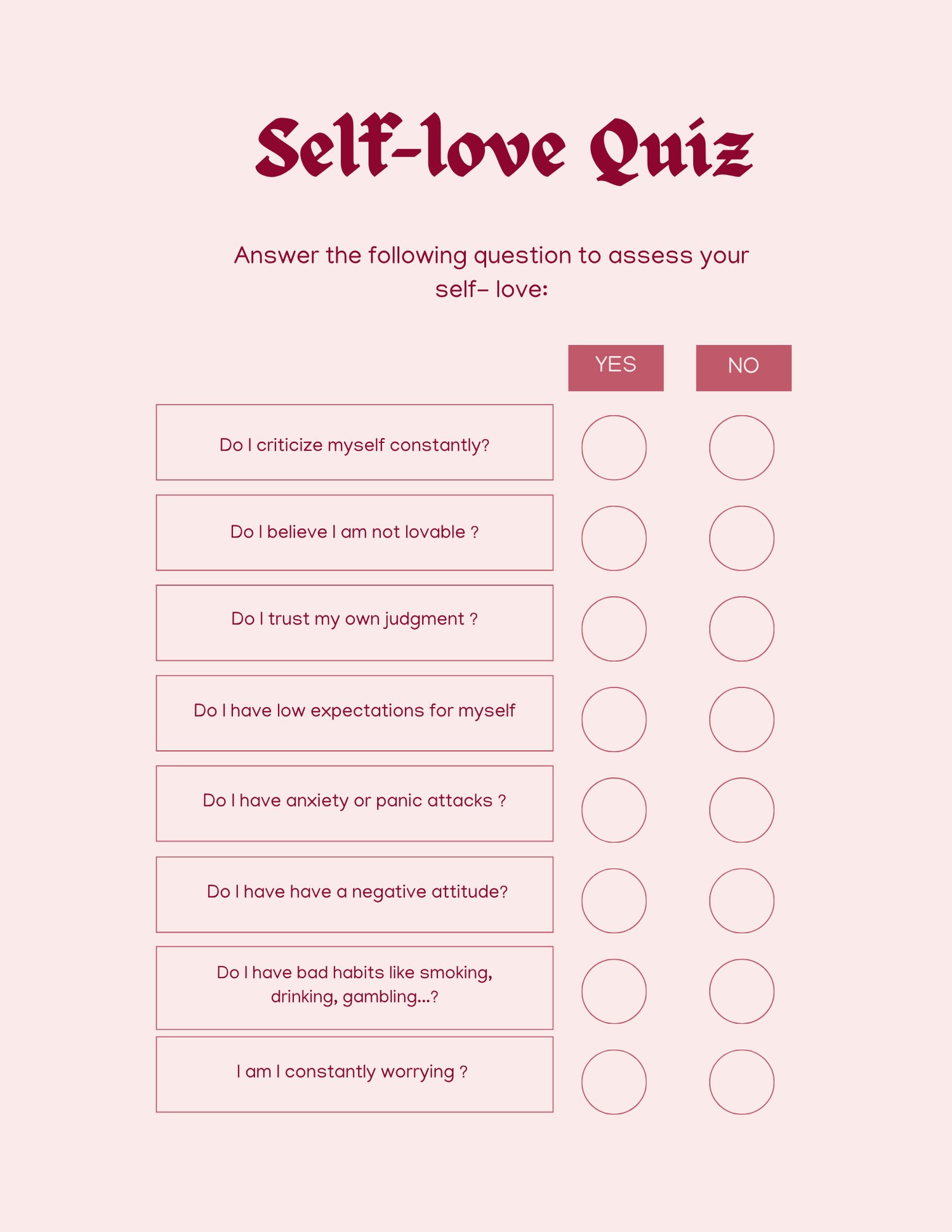 An open, multi-page layout of a self-love workbook template featuring a soft pink aesthetic. Pages include a cover titled "Self-Love Workbook: Guided Exercises to Build Confidence, Set Boundaries & Love Yourself Fully," a self-love quiz, affirmation lists