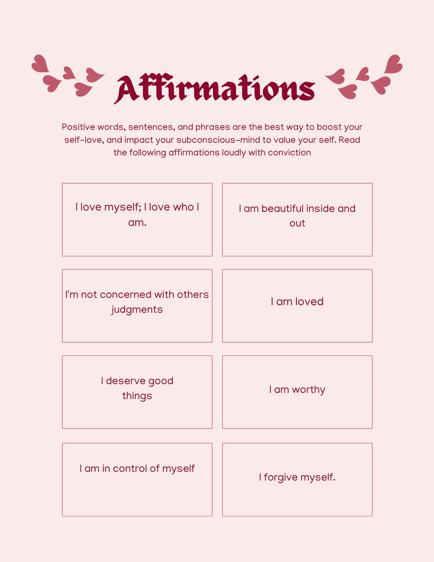 An open, multi-page layout of a self-love workbook template featuring a soft pink aesthetic. Pages include a cover titled "Self-Love Workbook: Guided Exercises to Build Confidence, Set Boundaries & Love Yourself Fully," a self-love quiz, affirmation lists