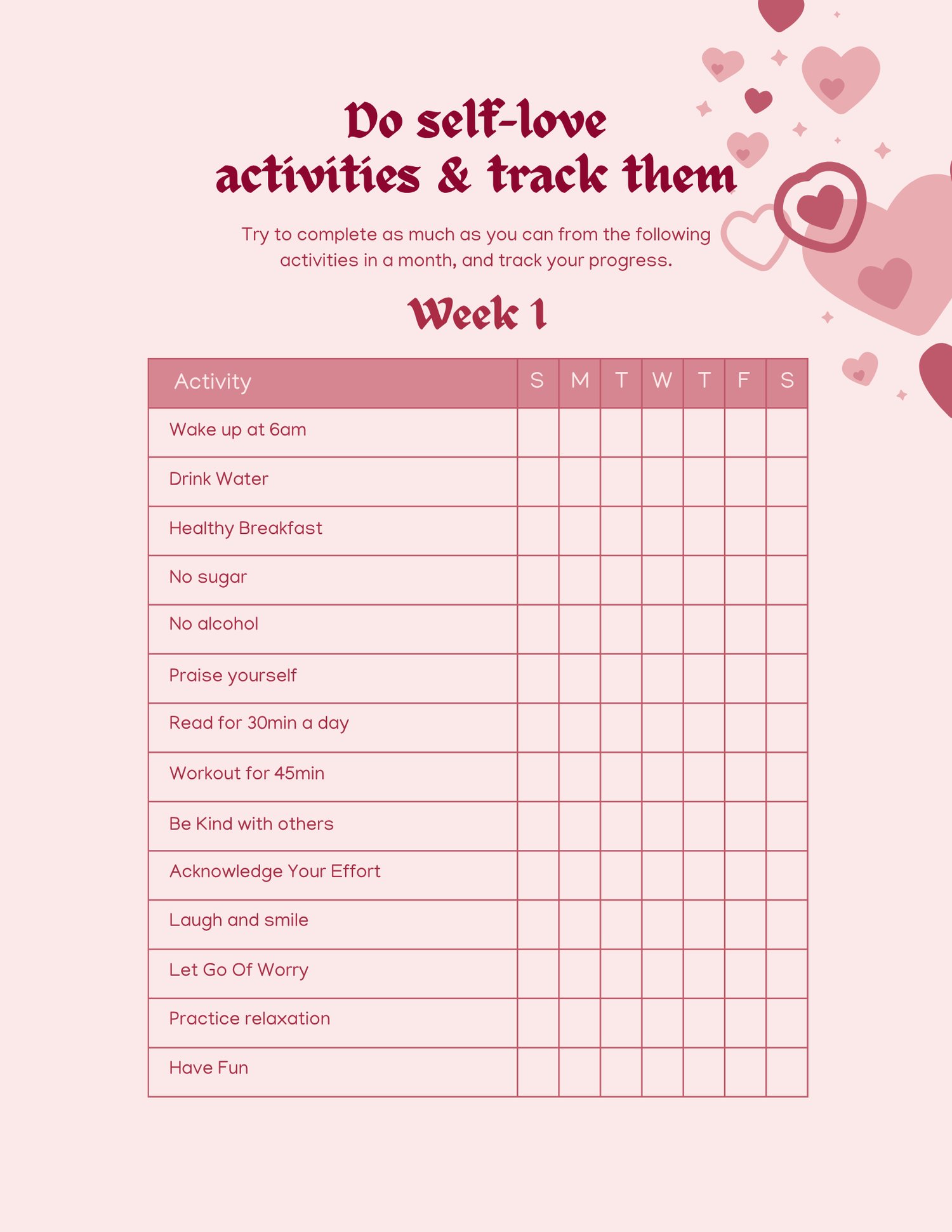 An open, multi-page layout of a self-love workbook template featuring a soft pink aesthetic. Pages include a cover titled "Self-Love Workbook: Guided Exercises to Build Confidence, Set Boundaries & Love Yourself Fully," a self-love quiz, affirmation lists