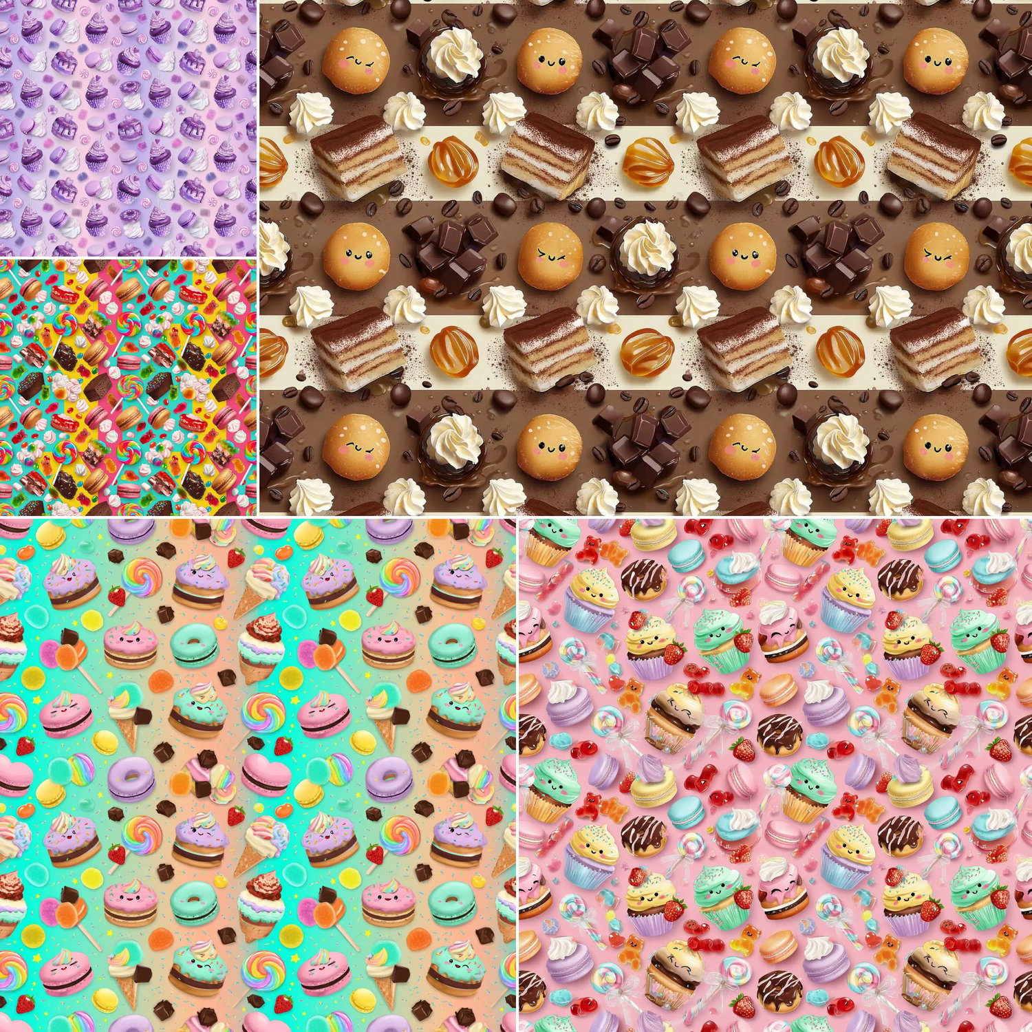 Printable seamless dessert backgrounds suitable for sublimation, scrapbooking, fabric printing, and stationery designs.