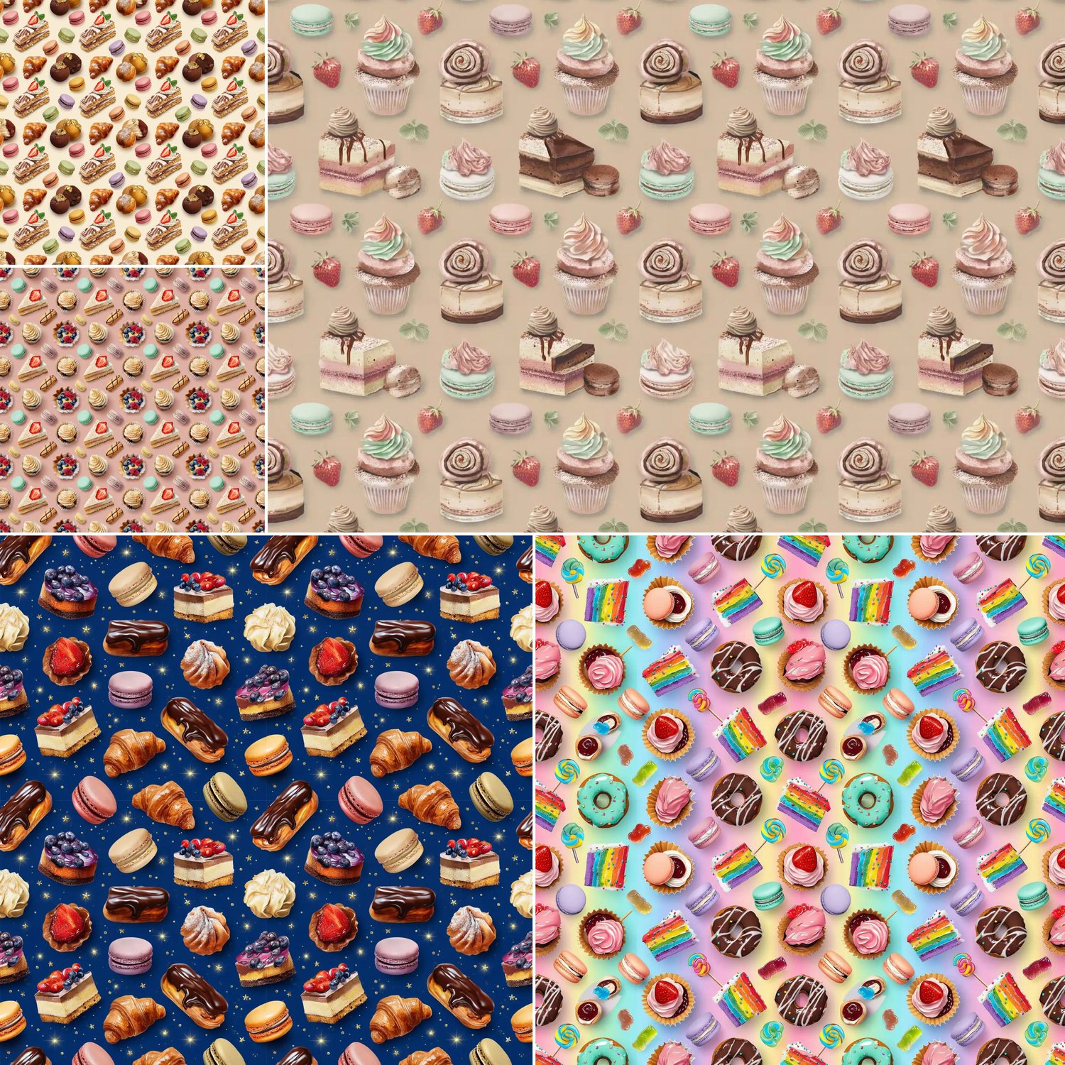 Kawaii bakery pattern collection with repeating cake and cupcake illustrations for digital and print projects.