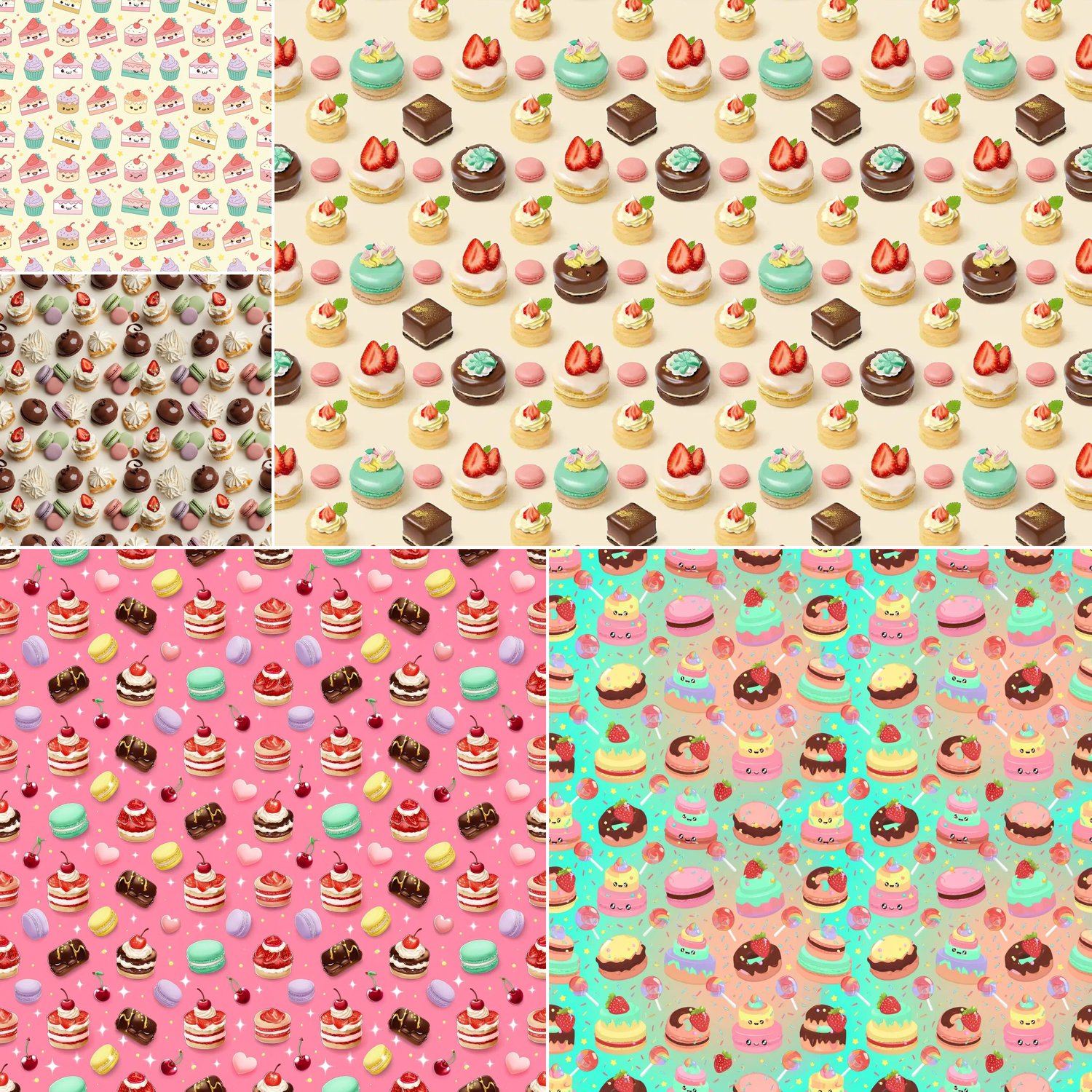 Cute cake pattern bundle featuring pastel-colored sweets, macarons, chocolates, and bakery treats for crafting projects.