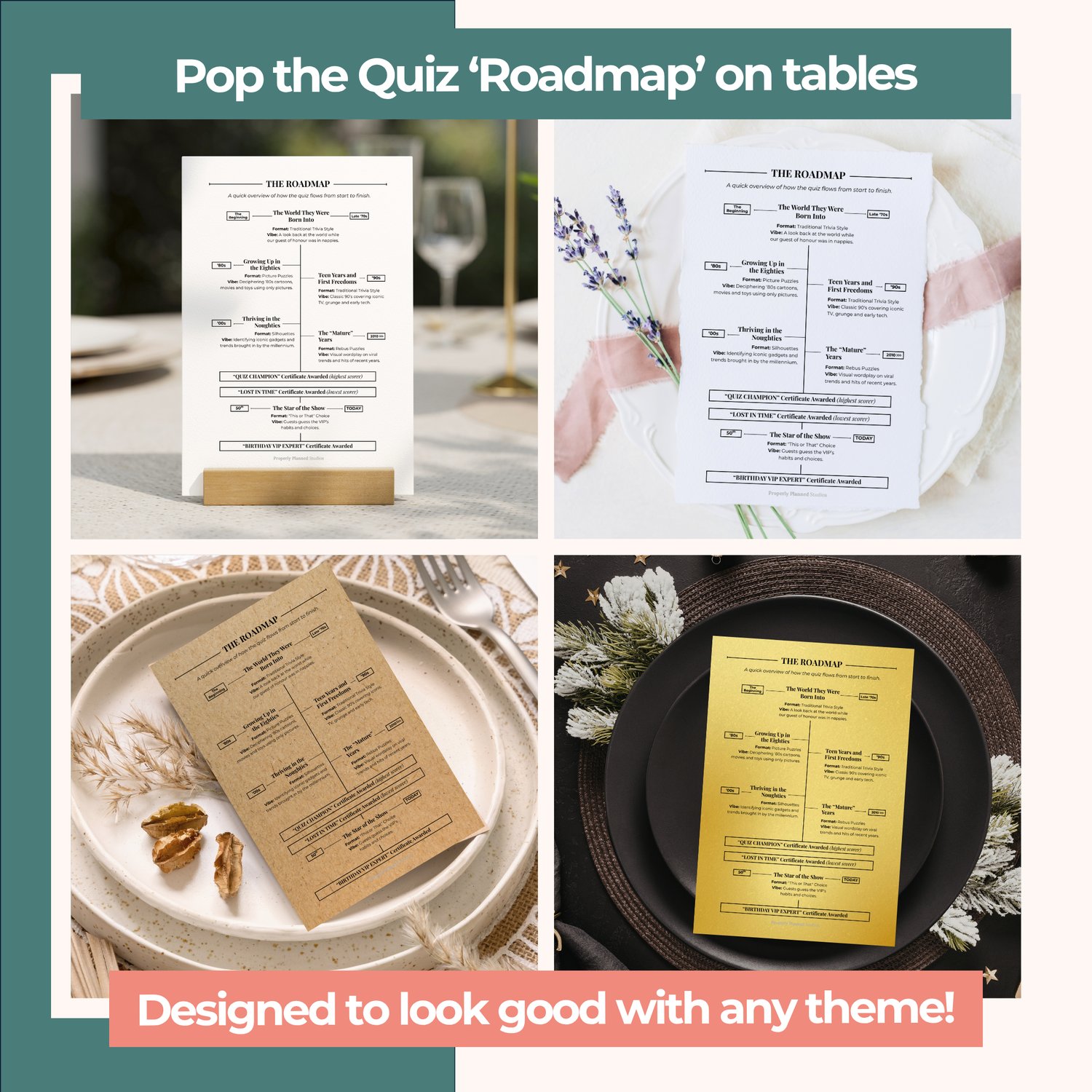 Milestone birthday game answer booklets printed and styled on elegant party dinner table settings. Four grid photos show the 50th party activity printed on kraft paper, plain white sheets, clipboards and displayed on modern plates.