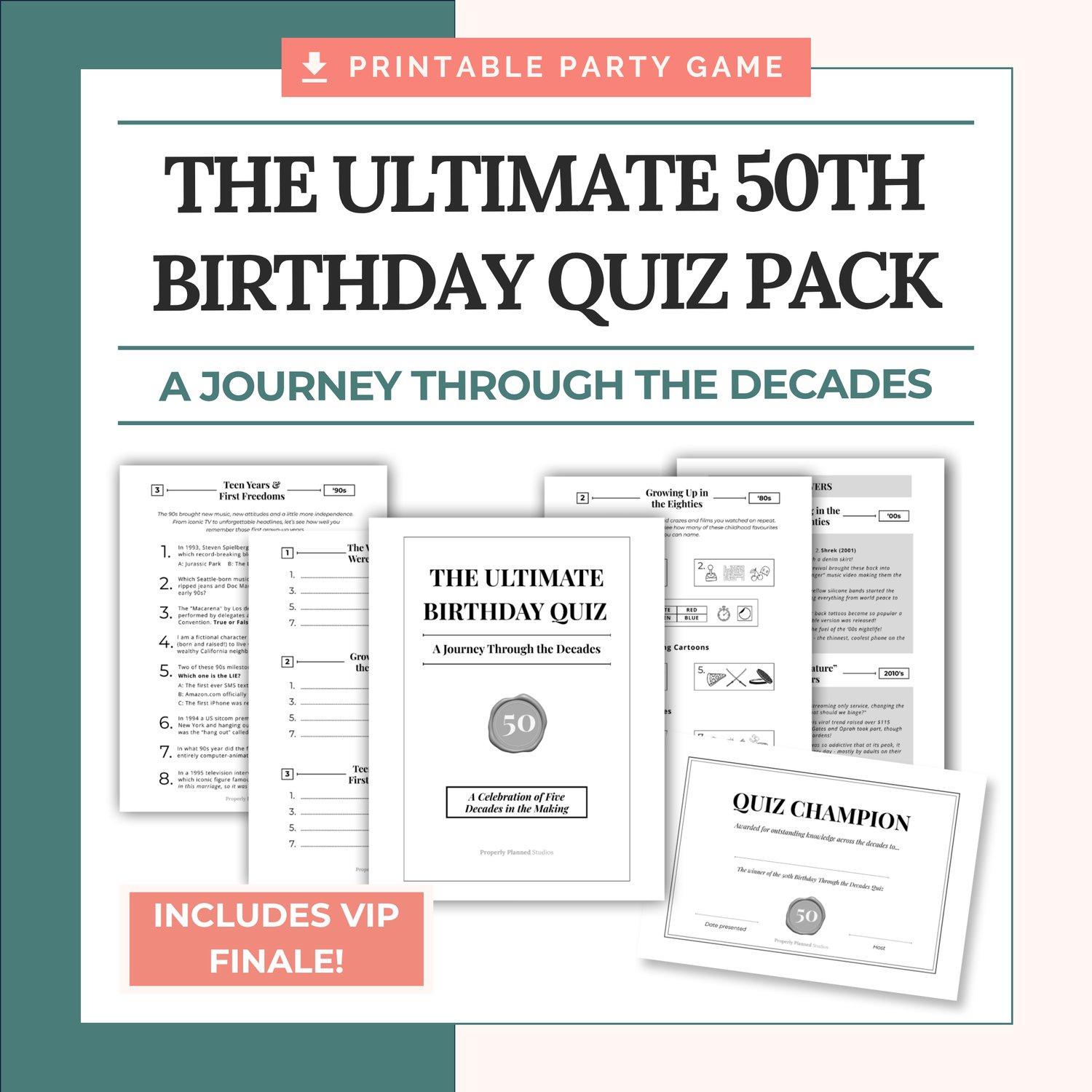 Printable 50th birthday quiz pack cover with sage green borders. Text reads The Ultimate 50th Birthday Quiz Pack A Journey Through the Decades. Features clean digital mockups of the milestone birthday game sheets with a coral VIP finale badge.