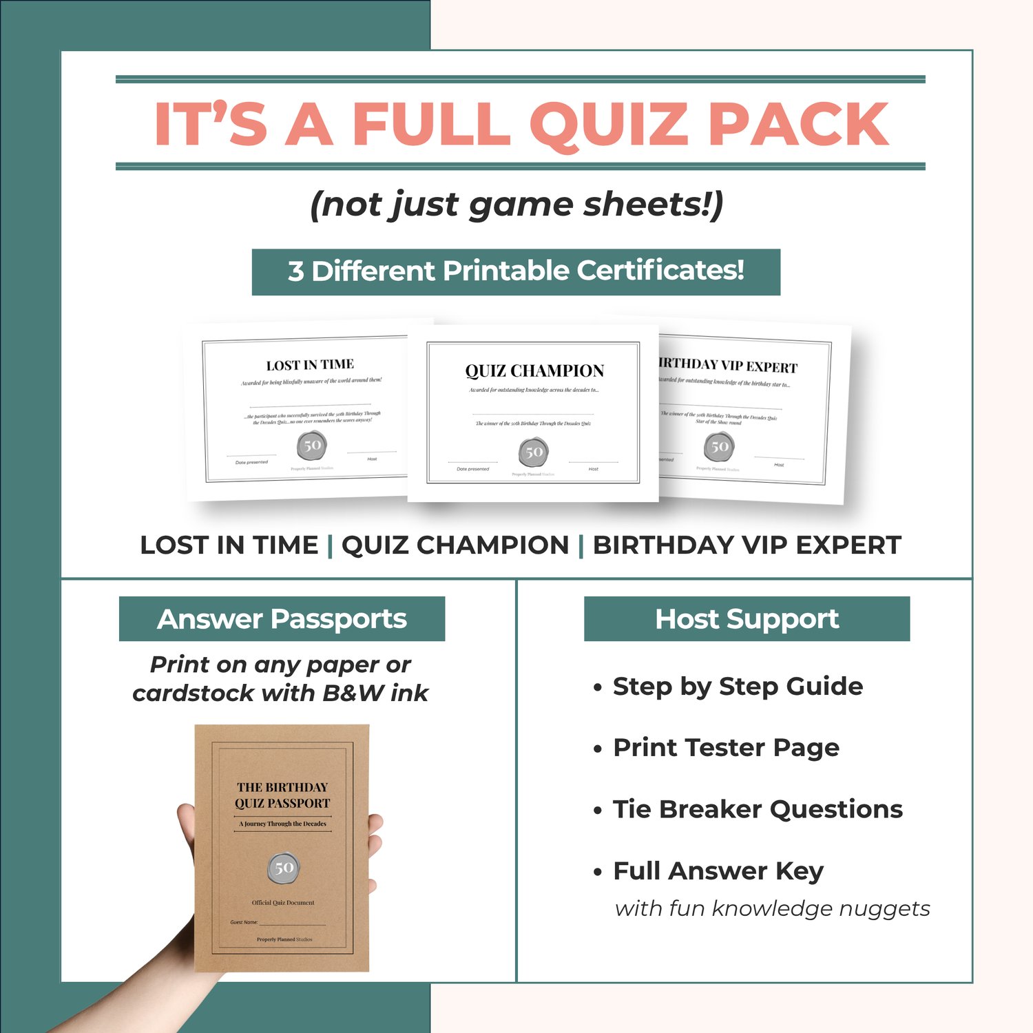 Product layout showing what is included in the decades trivia pack. Displays digital pages of award certificates, answer passports and host support guides. Sage green headers highlight that it is a full quiz pack and not just game sheets.