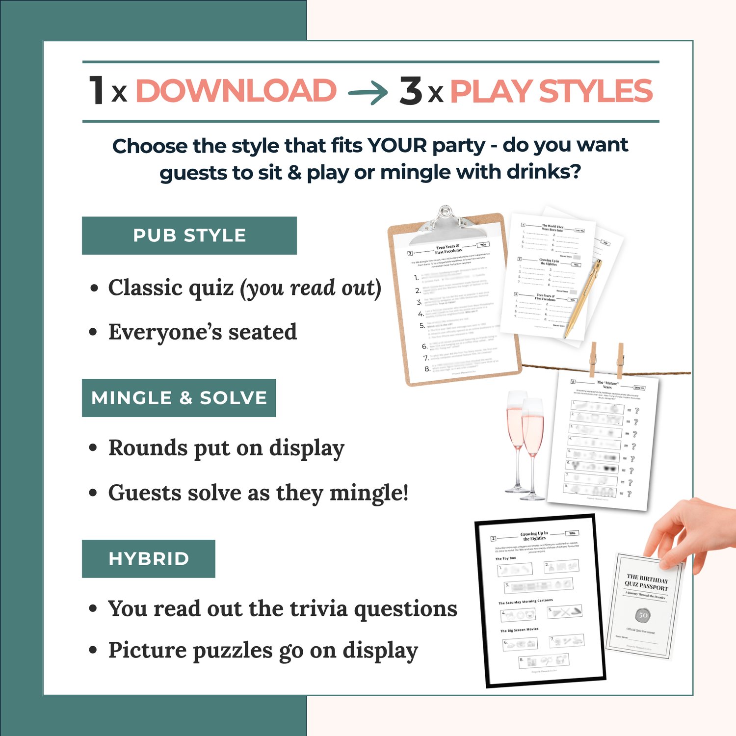 Sage green infographic explaining three play styles for the pub quiz printable. Text outlines instructions for traditional pub style where everyone is seated, mingle and solve style with rounds on display, or a hybrid party activity.