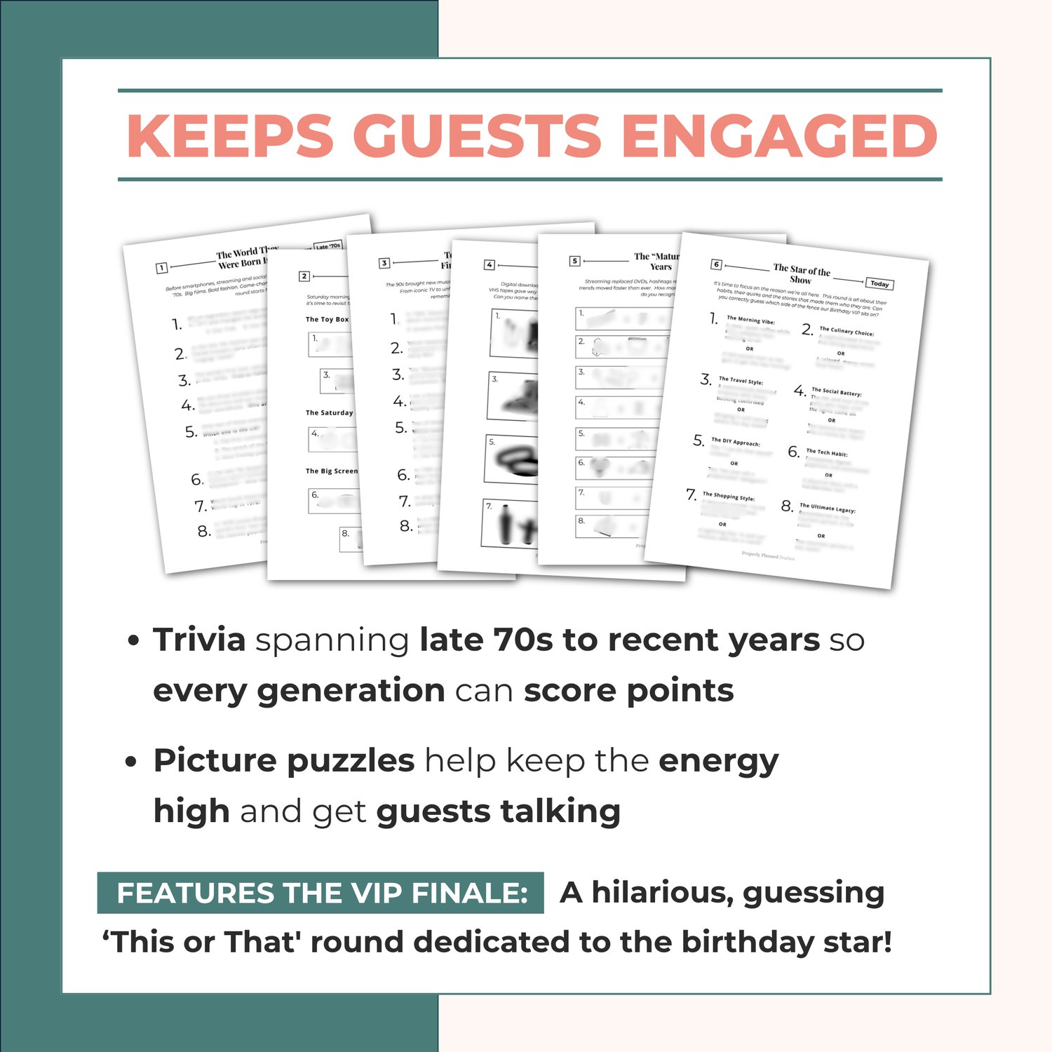 Printable party games sheet layout explaining the decades trivia bundle rounds from the 1980s to today. White background with sage green text detailing the trivia questions, visual puzzle rounds and the birthday VIP star of the show finale