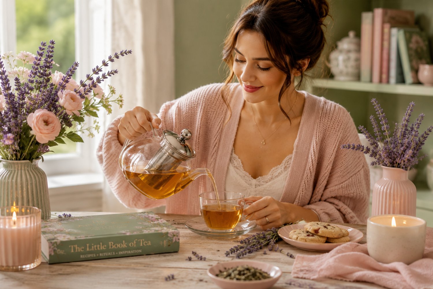 woman pouring tea into glass teacup