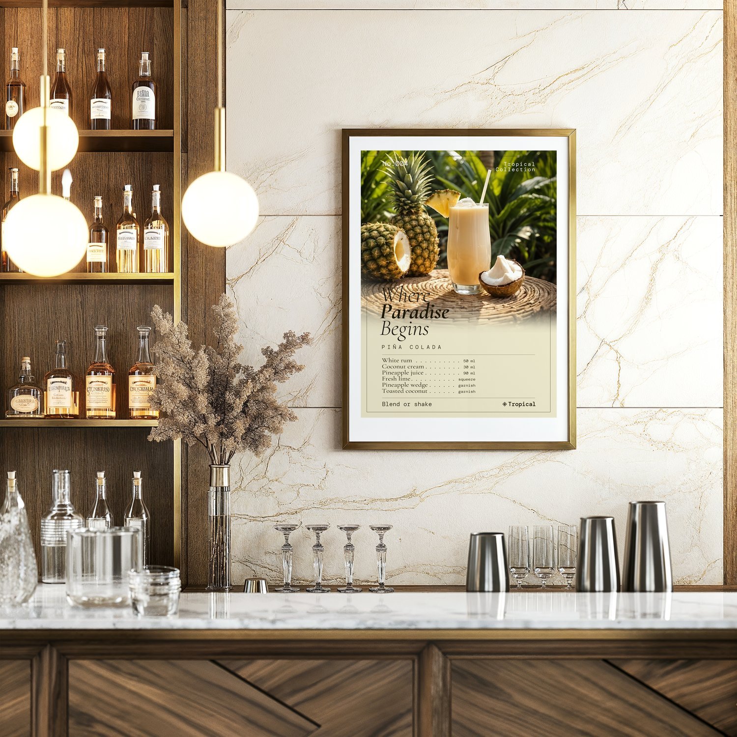 The classic cocktail home bar with a framed Cocktail Society print