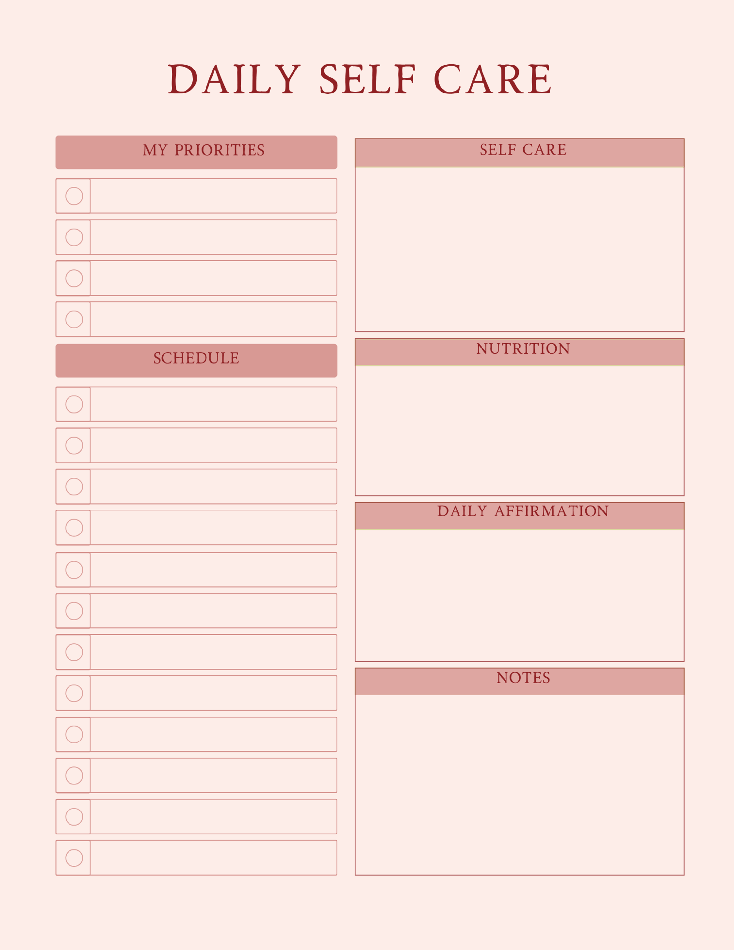 A soft pink and cream digital planner layout showcasing the "Self-Care Planner" and "Daily Self Care" pages from the 2026 Personal Growth Planner — Daily Habits, Goals & Reflection Pages for a Better You  Printable PDF  Instant Download + Canva Editable.p