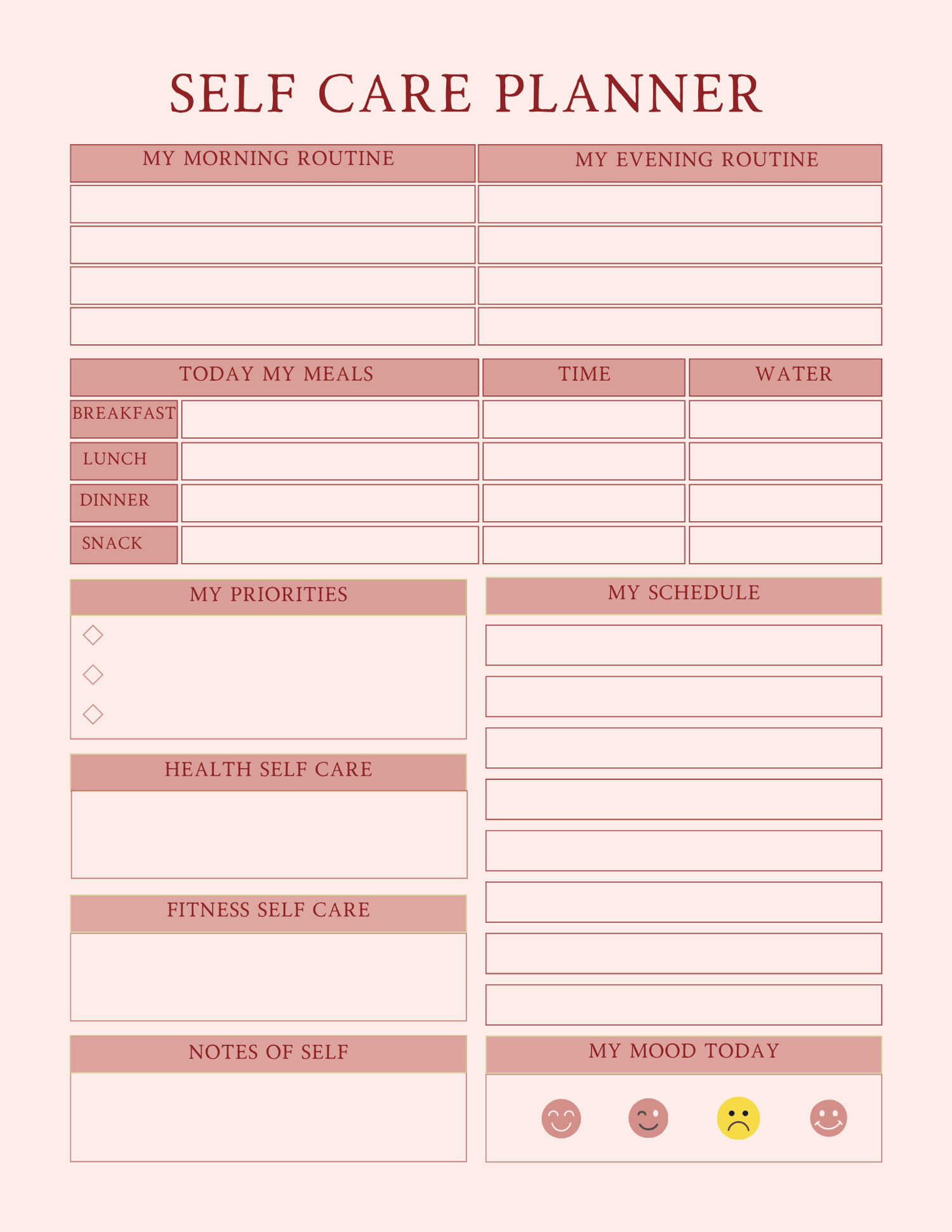 A soft pink and cream digital planner layout showcasing the "Self-Care Planner" and "Daily Self Care" pages from the 2026 Personal Growth Planner — Daily Habits, Goals & Reflection Pages for a Better You  Printable PDF  Instant Download + Canva Editable.p