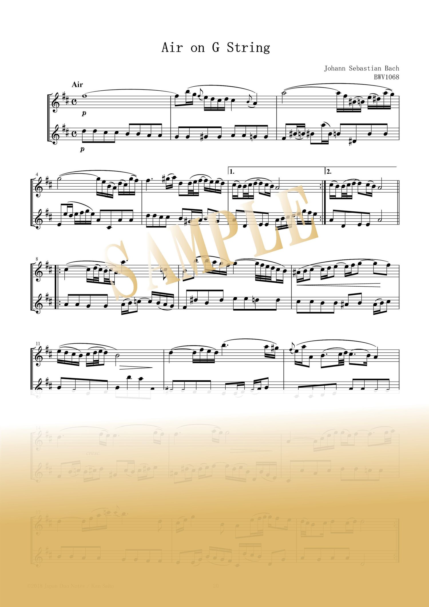 Sample page from Air on the G String by J. S. Bach – flute duet score for two flutes