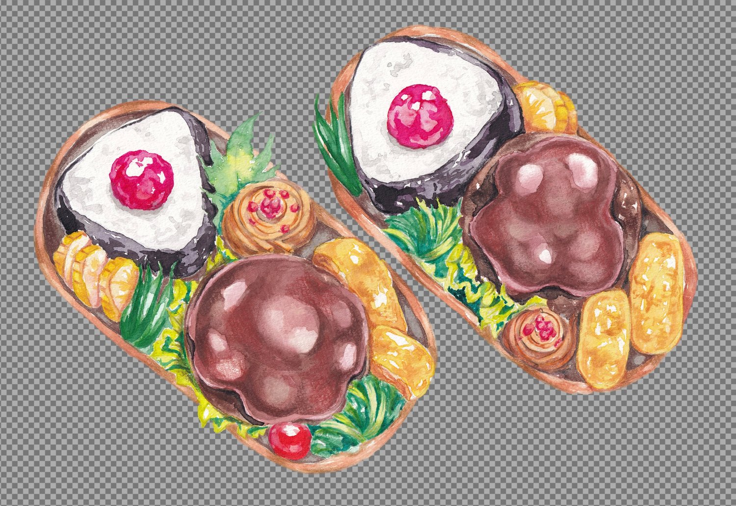 watercolor illustration of japanese bento box