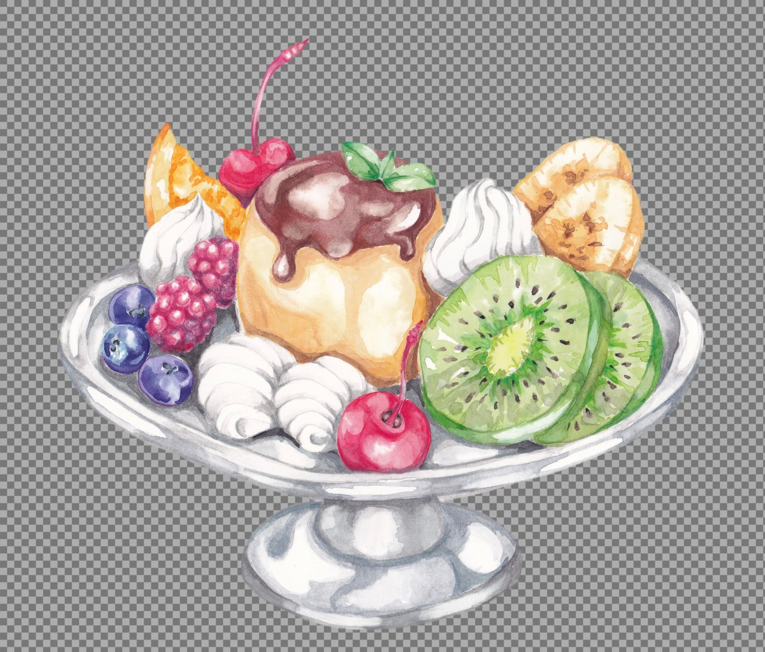 creme caramel dessert water color illustrations