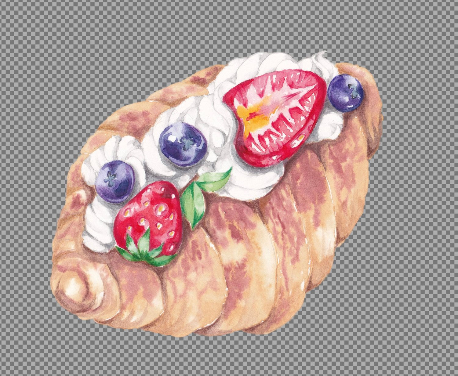 watercolor illustration of croissant with cream