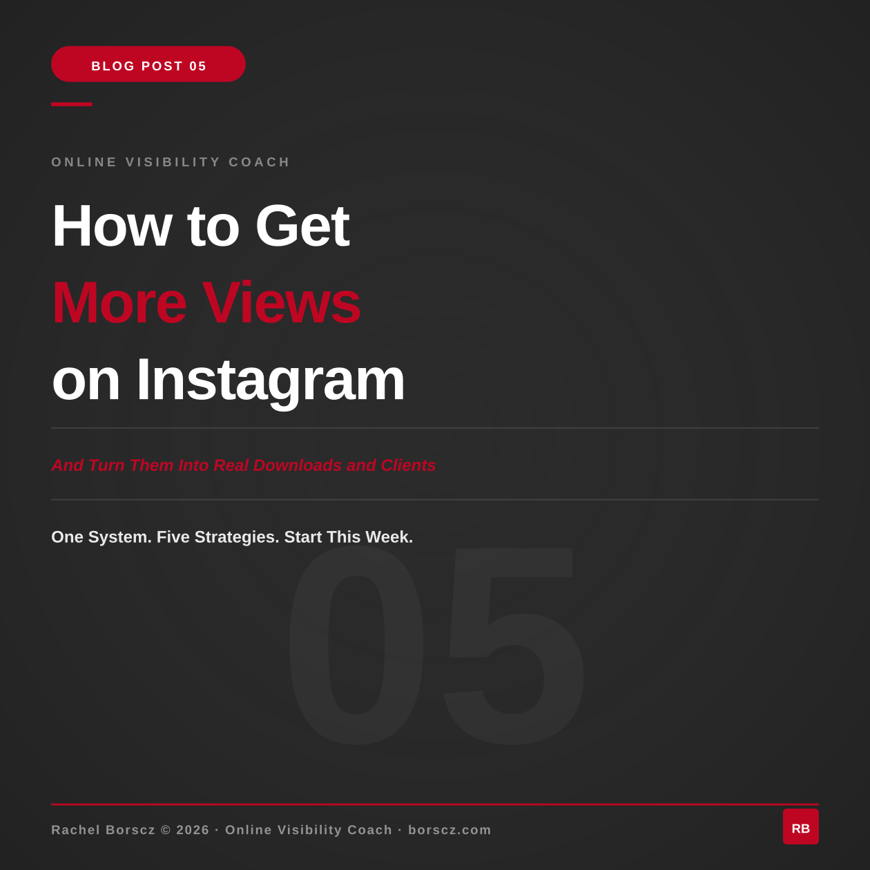 Blog post cover for Rachel Borscz Online Visibility Coach. White and red bold text on charcoal reads: How to Get More Views on Instagram — And Turn Them Into Real Downloads and Clients. The content strategy, GEO framework, and funnel system that converts 