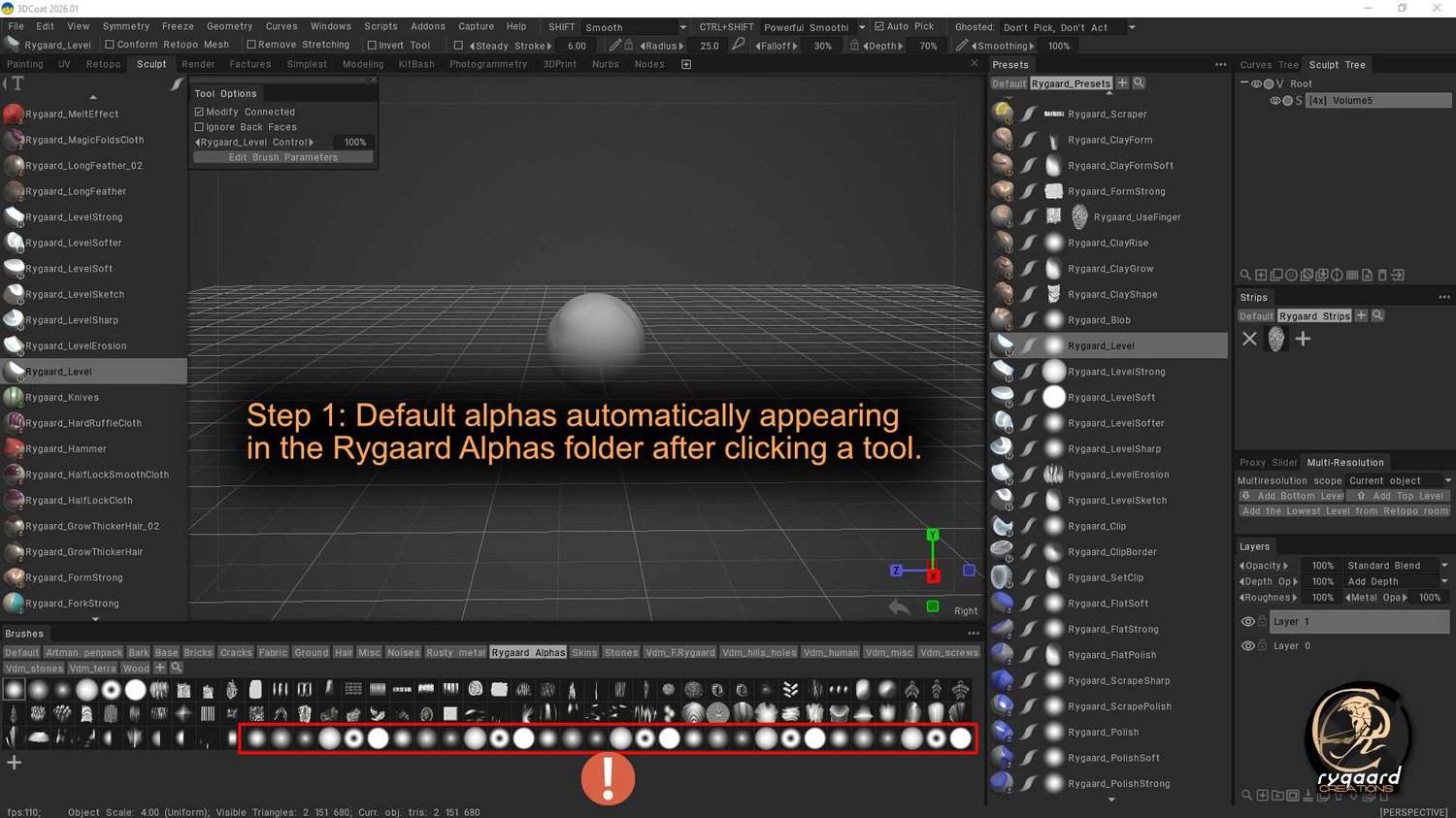 Default alphas automatically appearing in the Rygaard Alphas folder after clicking a tool