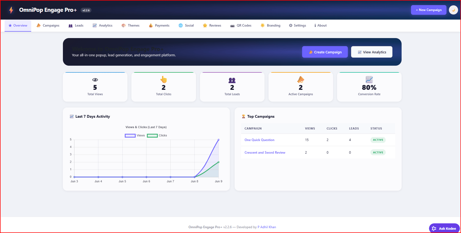 OmniPop Engage Pro+ WordPress popup plugin dashboard showing lead generation, analytics, reviews, QR codes, payment campaigns, social growth tools, conversion tracking, and marketing campaign management