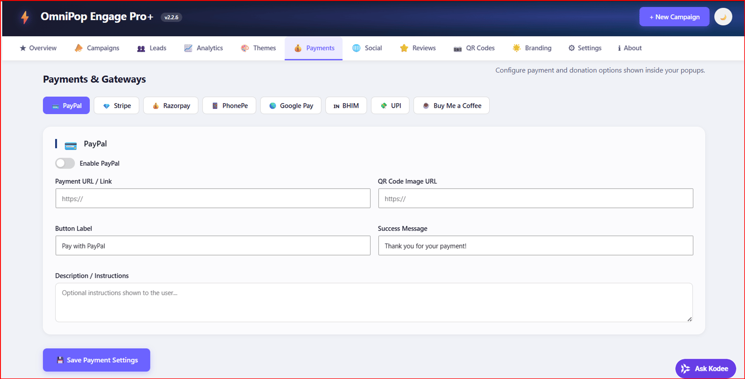 WordPress lead generation and conversion optimization dashboard powered by OmniPop Engage Pro+ with analytics, popup campaigns, reviews, payments, and visitor engagement features
